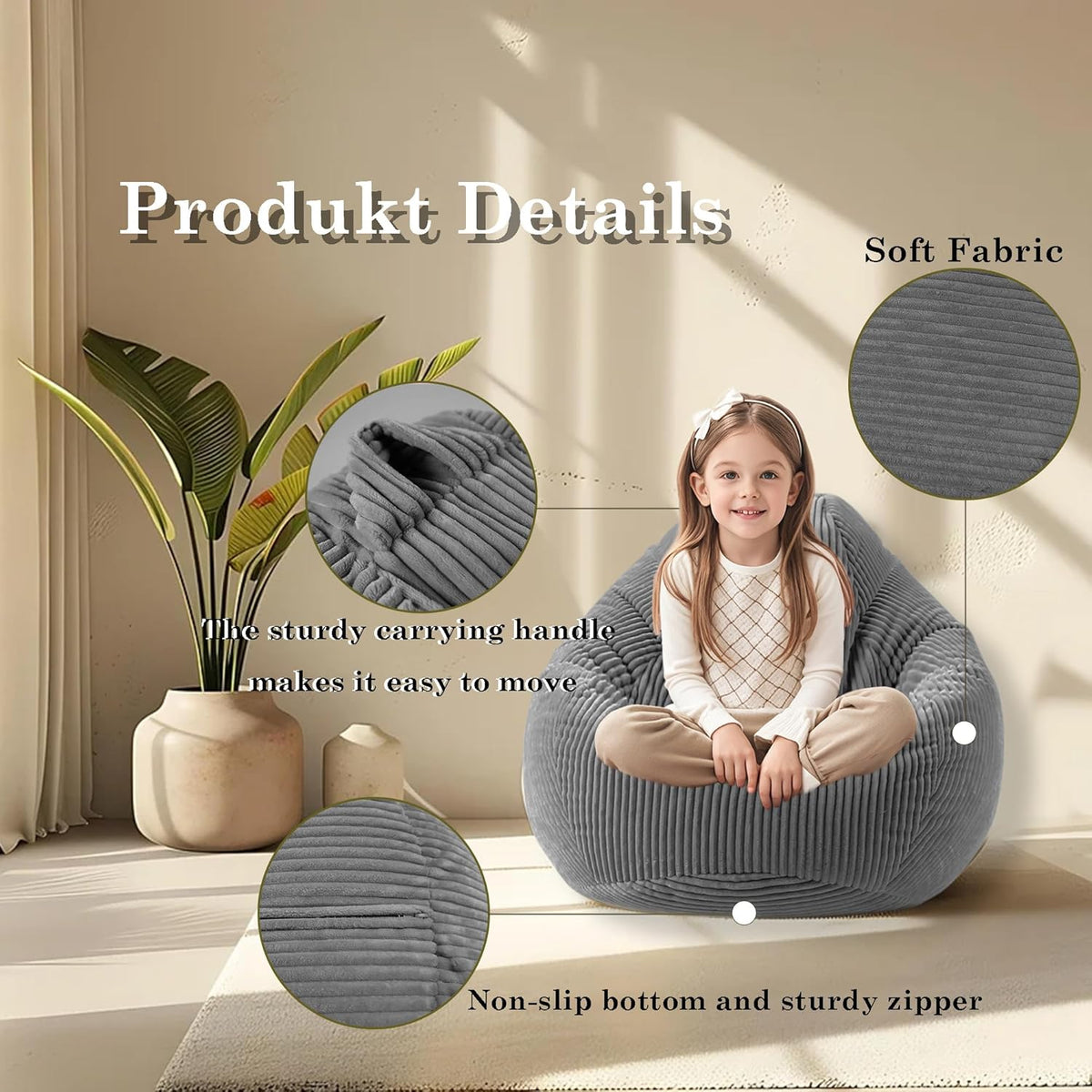 LPMOERA Bean Bag Chairs for Kids/Teen with Memory Foam Filling Bean Bag Sofa with Soft Corduroy Fabric BeanBag Chair for Living Room Bedroom College Dorm Reading Chair Dark Gray