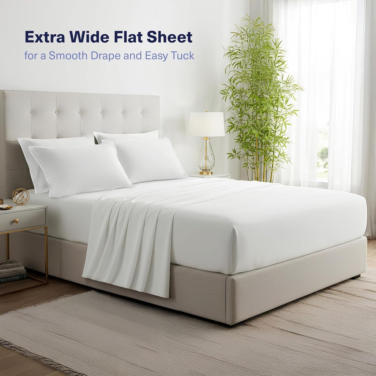 Kickoff Viscose Bamboo Sheets Full Size 4-pc 100% Organic Bamboo Viscose Bed Cooling Sheets Full Size Set Cool Bedding for hot Sleepers Sheet, Flat, Fitted, Pillowcases (Snow White, F)
