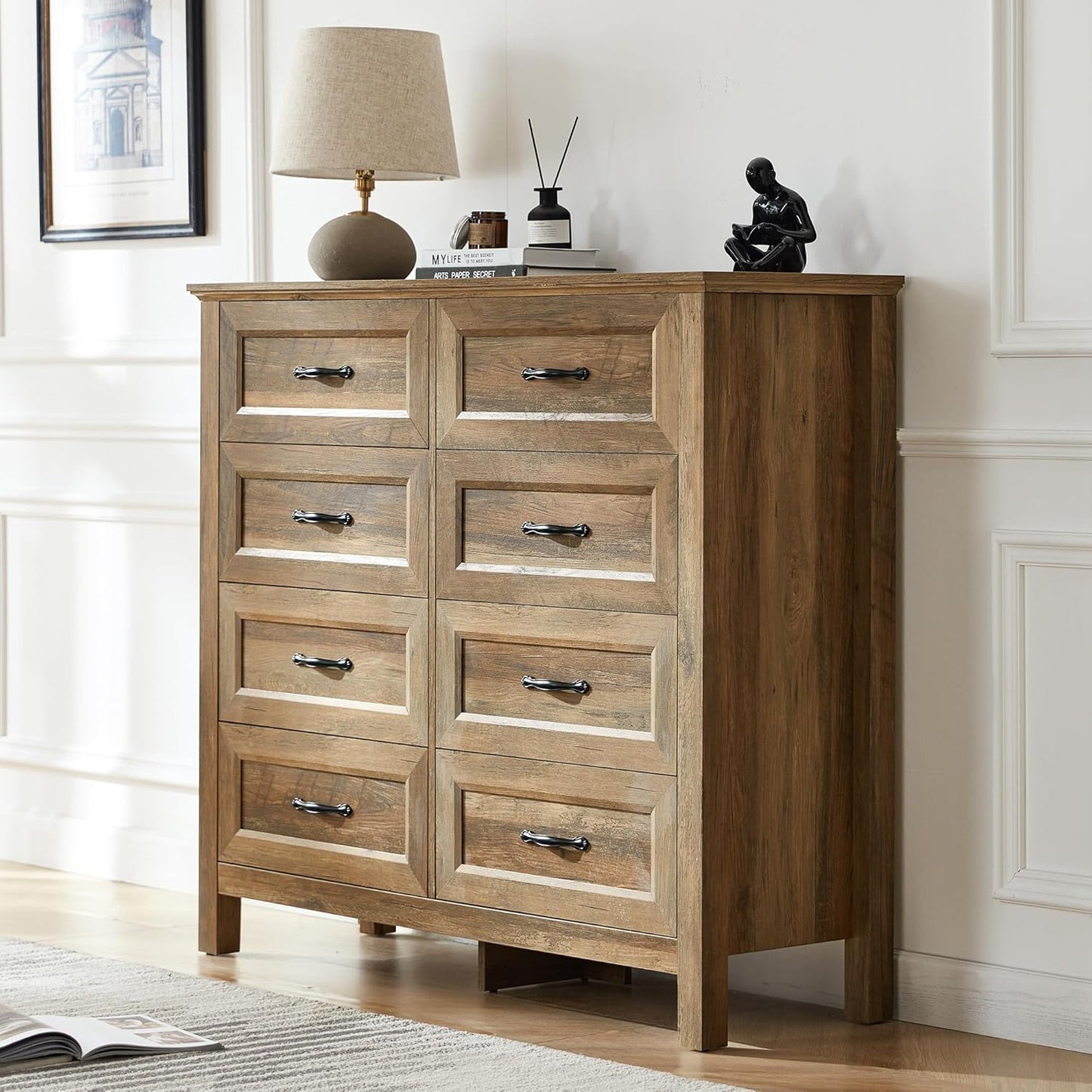 LINSY HOME 8 Drawers Dresser for Bedroom, 47" Wide Wooden Storage Chest with Antique Handles, Modern Farmhouse Dresser TV Stand with Wood Legs for Closet, Living Room, Hallway, Rustic Brown