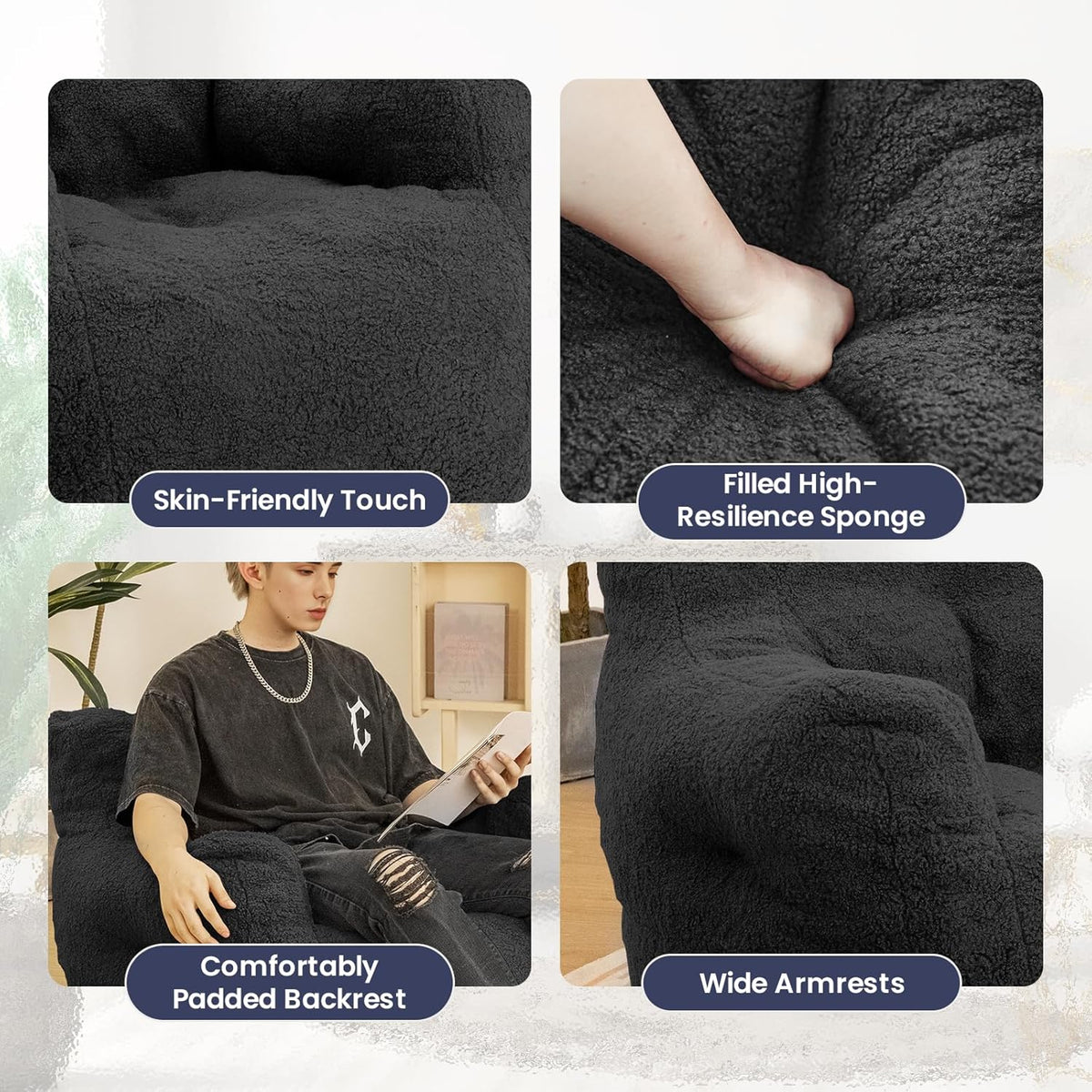Bean Bag Chair with Filler, Bean Bag Sofa with Tufted Soft Stuffed Filling, Fluffy and Lazy Sofa, Comfy Cozy BeanBag Chairs with Memory Foam for Dorm, Apartment, Living Room (Black)