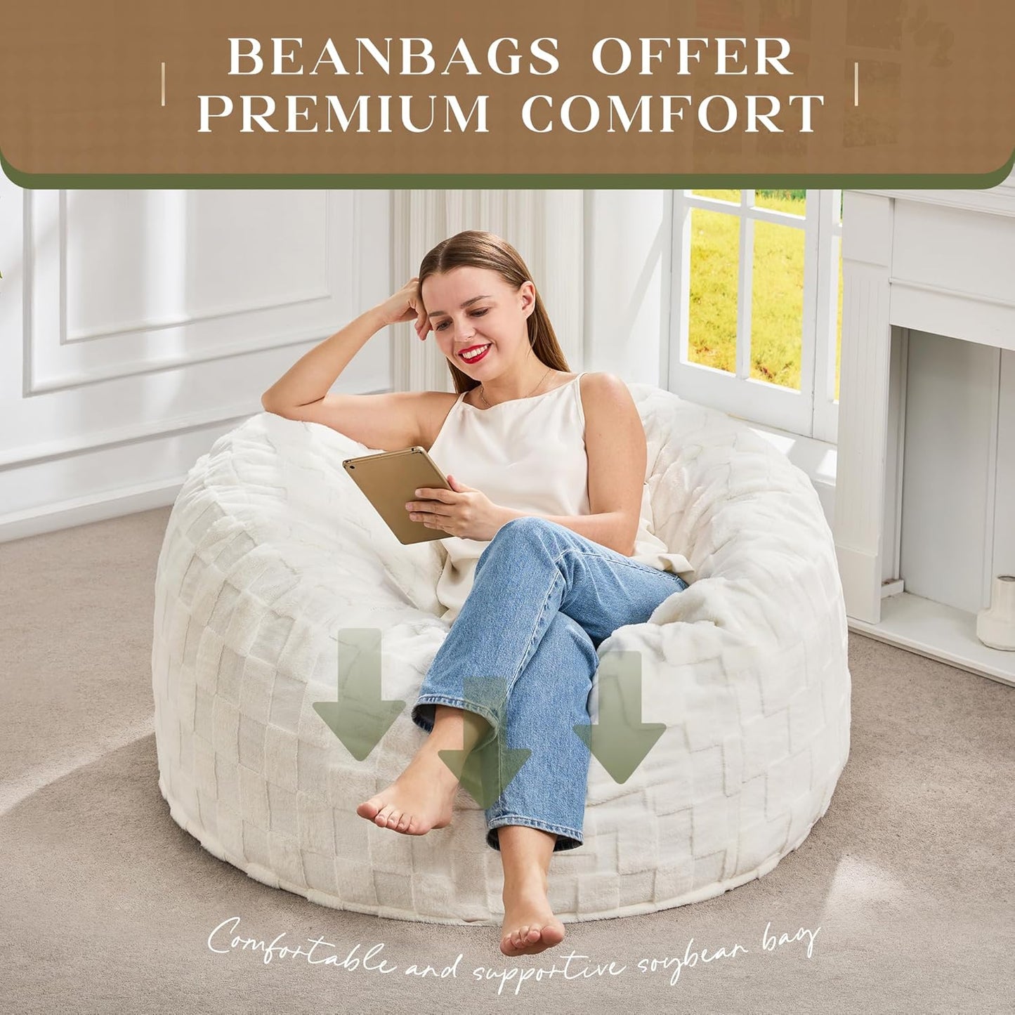 Hobestluk Bean Bag Chairs Beanbag Chair with Filler Adult Bean Bags with Fluffy Plaid Cover, Giant Bean Bag Chairs for Adults for Living Room, Bedroom (White, 3FT - 36” x 36” x 22”)