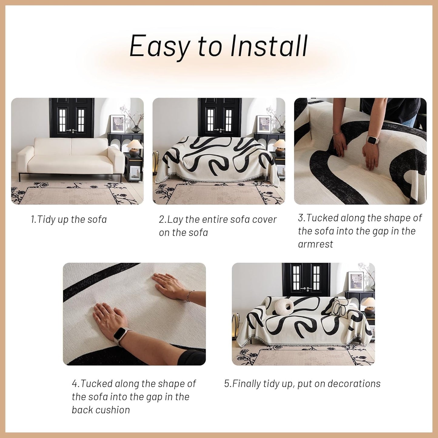 MYSKY HOME Couch Cover for 3 Cushion Couch Sofa Cover, Super Soft Boho Couch Covers for Dogs Washable, Jacquard Sofa Slipcover Furniture Protector for Living Room, 91" x 118", Black Curve