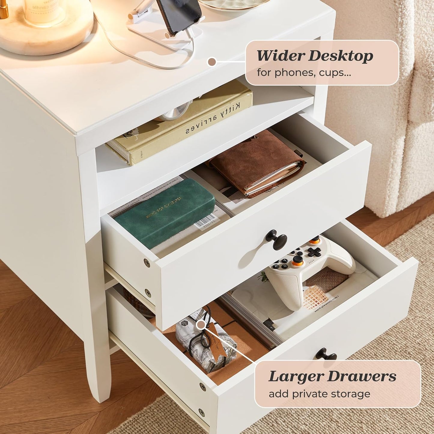 Huuger Nightstand with Charging Station, White Nightstand with 2 Drawers, Bed Side Table for Bedroom, Bedside Table with Storage, Modern Nightstands, Metal Knobs, Painted Surface