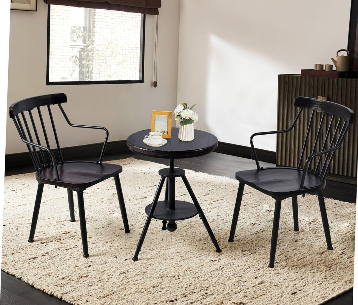 Industrial Vintage Cafe Farmhouse Dining Table - Rustic Round Wooden Top, Height Adjustable 21-29in
