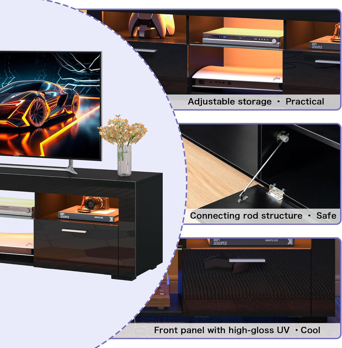 55" TV Stand for Living Room, High-Gloss Entertainment Center for 55 Inch TV, Spacious Storage Cabinet for Living Room & Bedroom (Black)