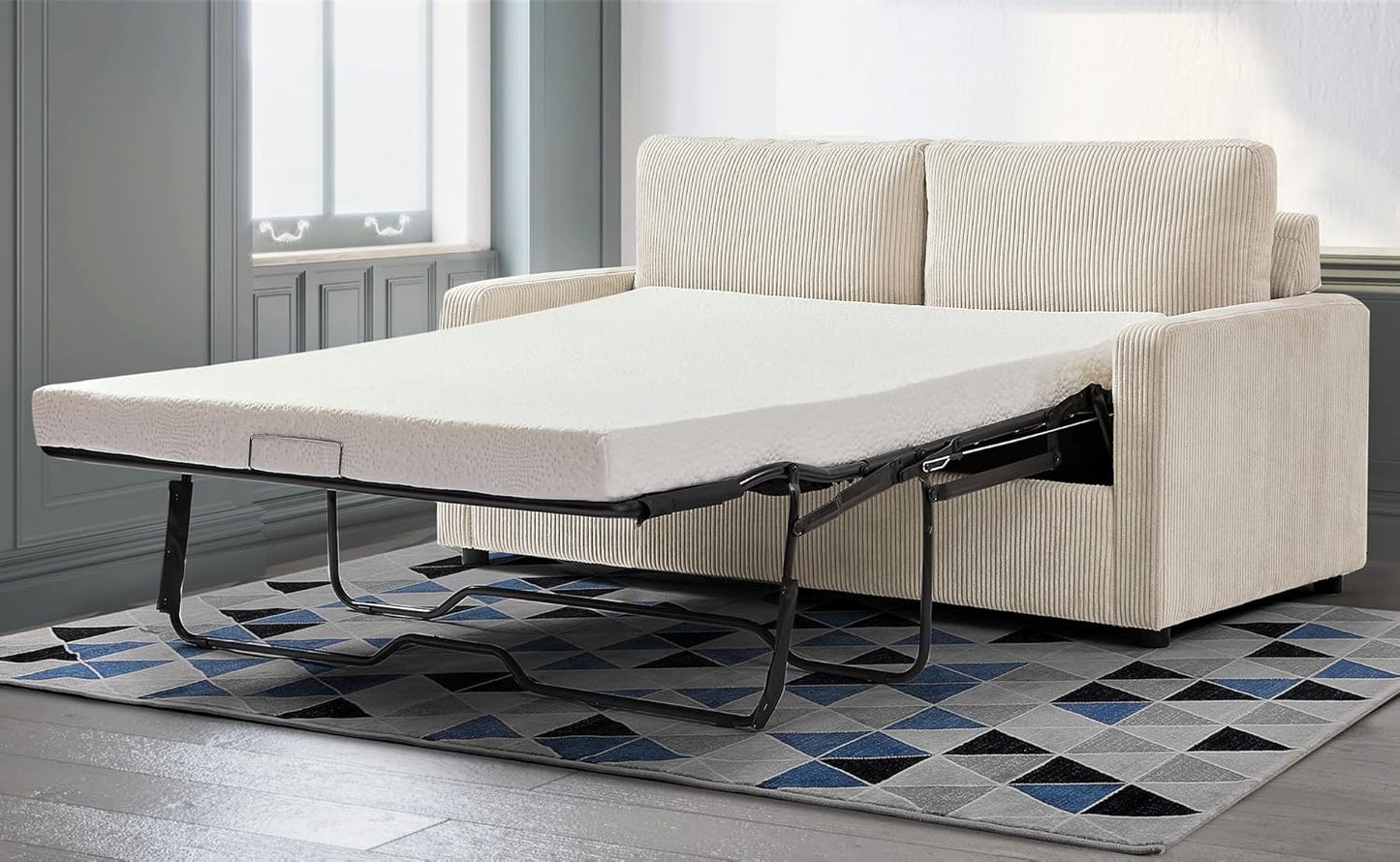 Reversible Sleeper Sofa Bed with Comfortable Memory Foam Mattress, Convertible Corduroy Full Size Pull Out Couch for Living Room, Space Saving Furniture, 70" Wide, Rectangular Arms, Ivory