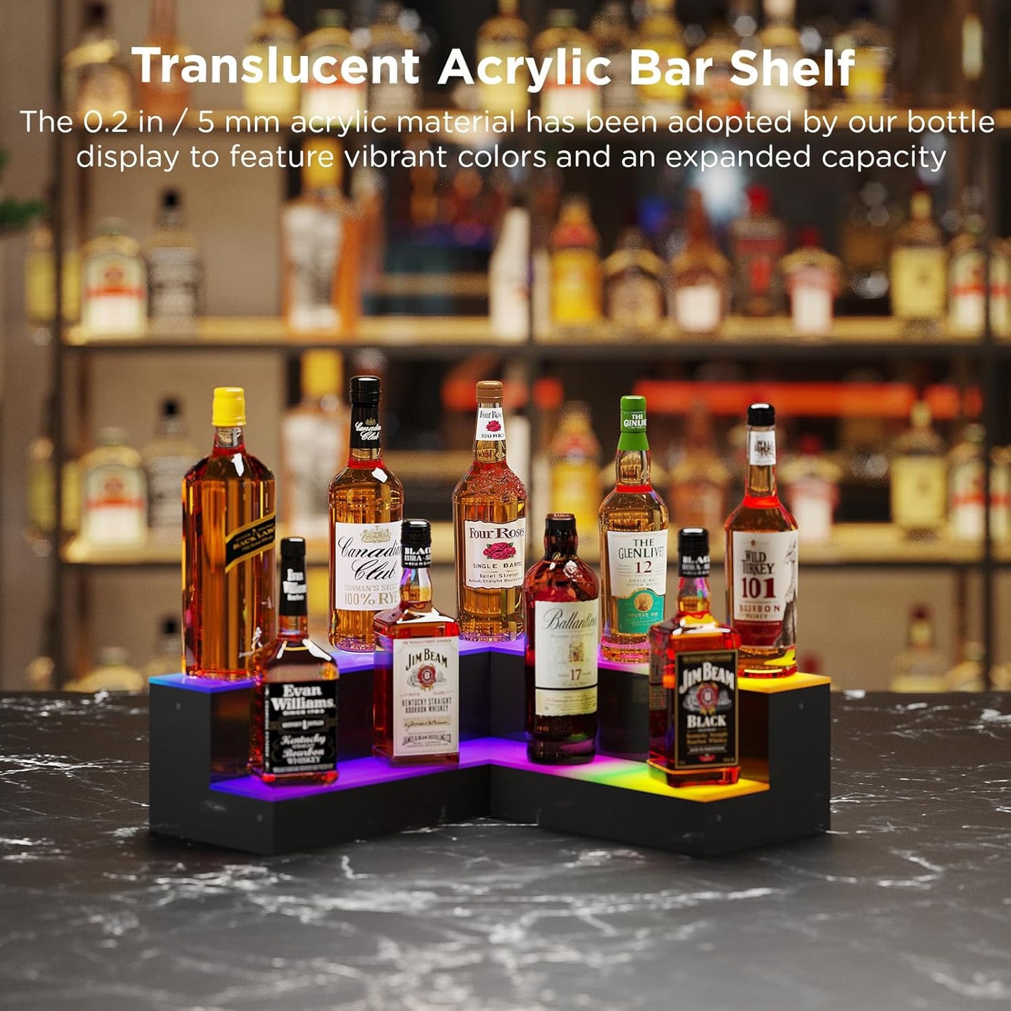 Dethan 2 Tier 20 Inch Liquor Bottle Display Shelf - L-Shape Corner Wine Racks with Multi-Color App & Remote Control, Adjustable Brightness & Sound Modes, Acrylic Bar Shelves for Displays