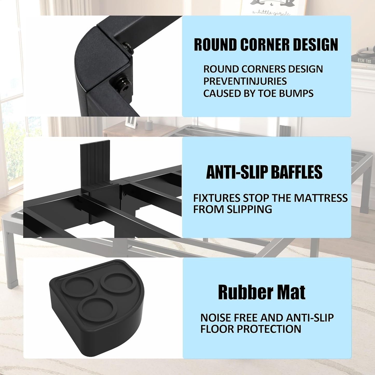 FUIOBYVV California King Bed Frame with Round Corner Edge Legs 18 inch High 3500 lbs Heavy Duty Metal Platform Bed Frame King Size No Box Spring Needed/Noise Free/Steel Slat Support/Non-Slip Black