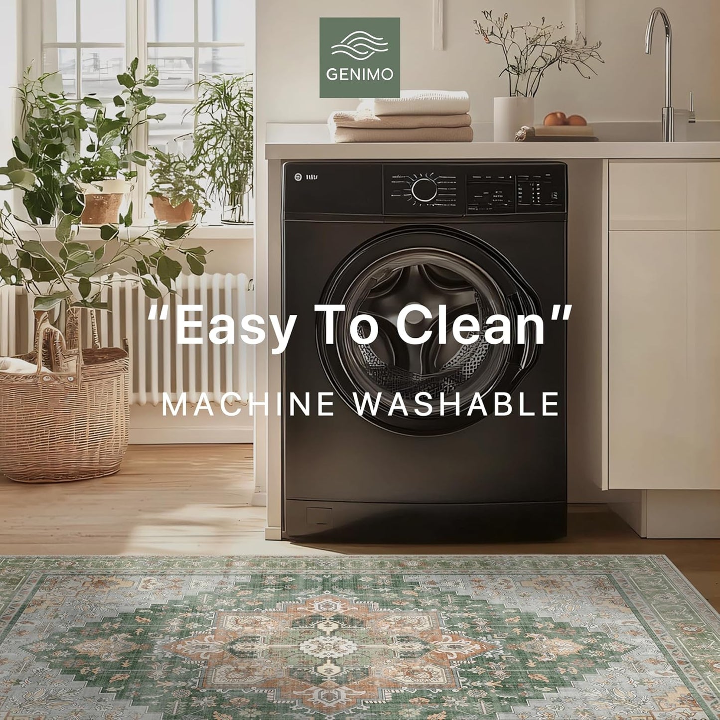 GENIMO 5x7 Area Rugs for Living Room, Machine Washable Non Slip Vintage Rugs, Low Pile Lightweight Chenille Print Rug for Bedroom, Dining Room, Home Office,Sage Green