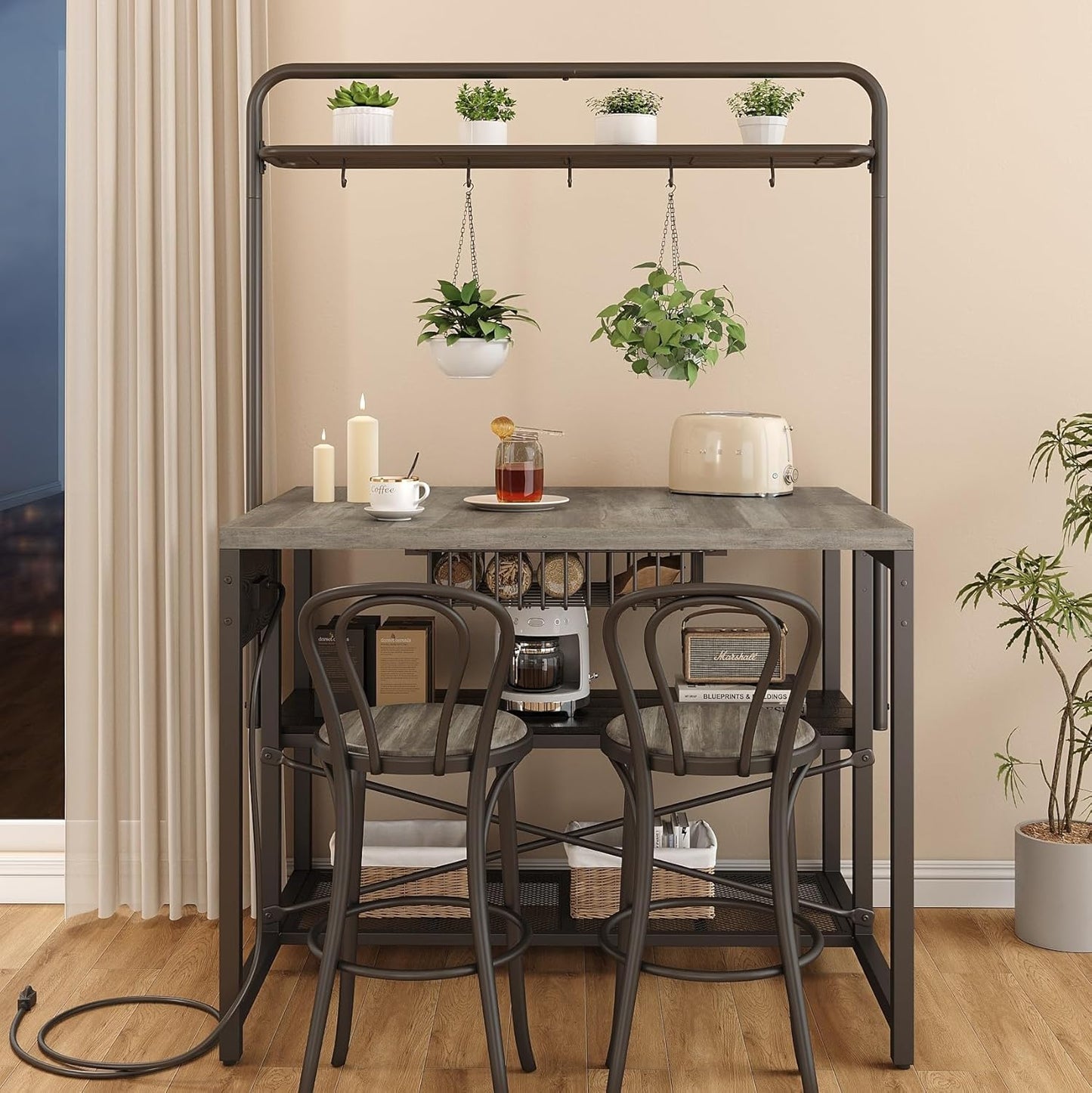 46" Large Kitchen Island Table Baker Rack with Power Outlet and 3-Tier Storage-Microwave Stand Oven Shelf, Metal Coffee Bar Table,Kitchen Storage Shelf for Dining Living Room, 5 Hooks,Grey