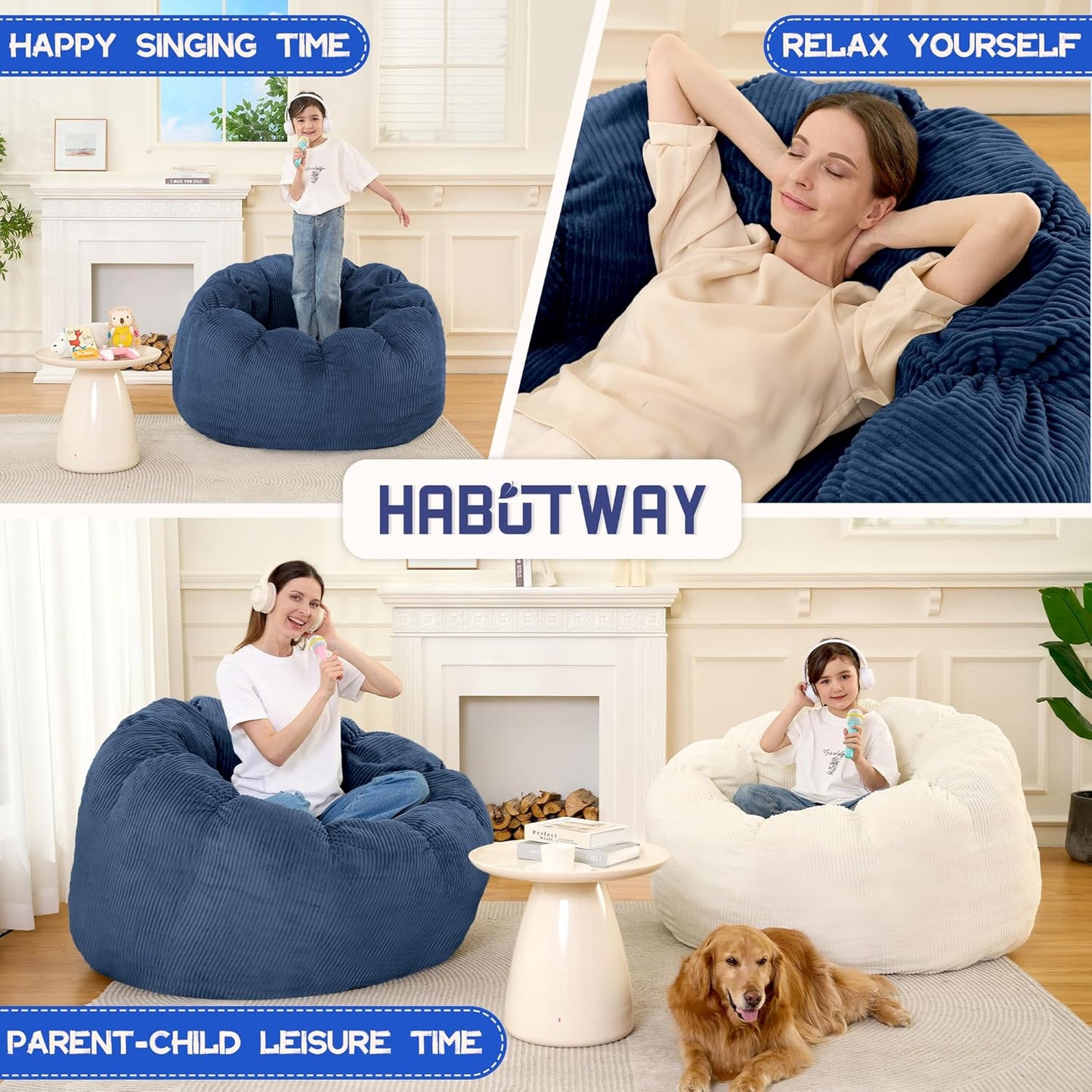 HABUTWAY Giant Bean Bag Chair for Adults/Kids/Teens, Pumpkin Bean Bag Couch Comfy Reading Chair for Bedroom, Corduroy Lazy Sofa Loughe Chair with Wider Seat Depth & Non-Slip Bottom(Blue)