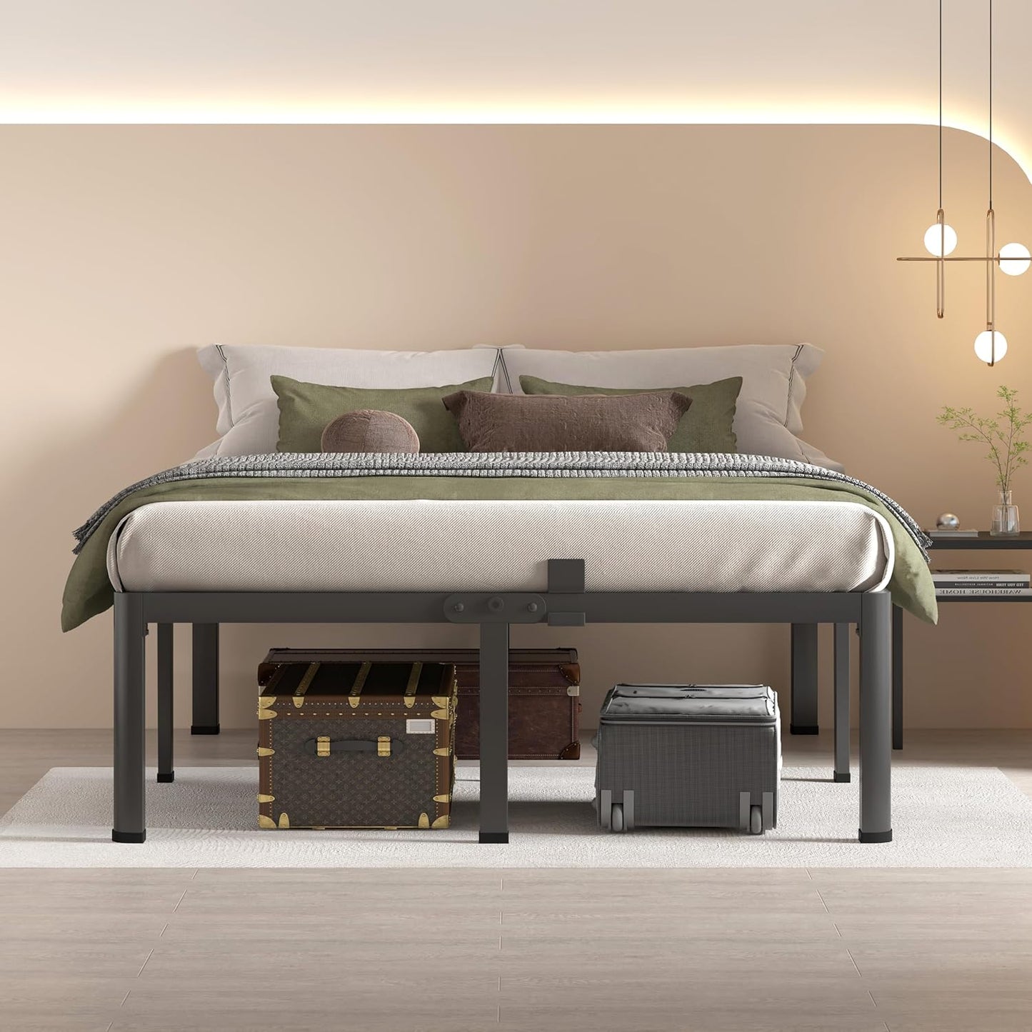 MAF 16 Inch King Size Bed Frame with Round Corner Legs Mattress Slide Stopper No Box Spring Needed Heavy Duty Metal Platform Bed Frames Under-Bed Storage Space, 3000 LBS Steel Slats Support