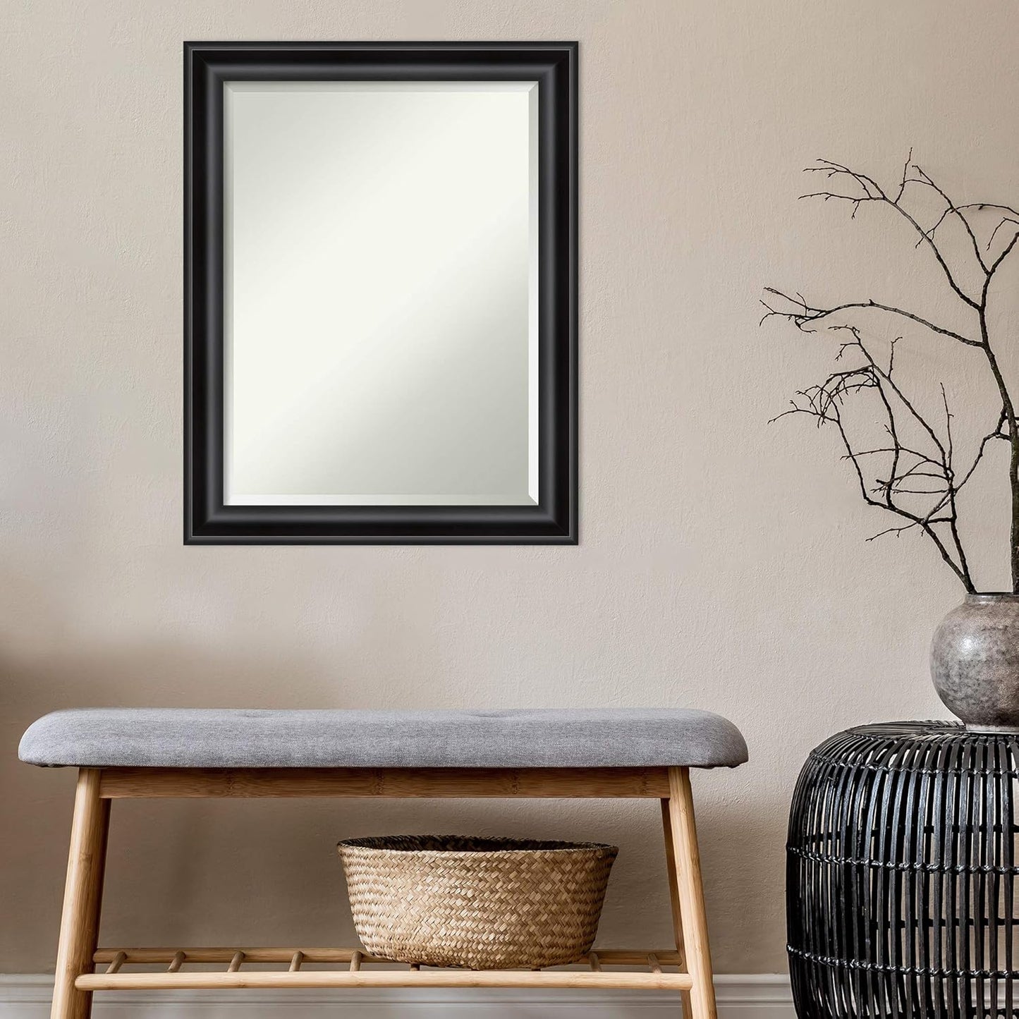Amanti Art Black Bathroom Mirror for Over Sink, 28x22 Grand Black Narrow Rectangle Vanity Mirror, Medium Casual Frame, Hangs Horizonally and Vertically, Bathroom Wall Decor, Beveled Edge