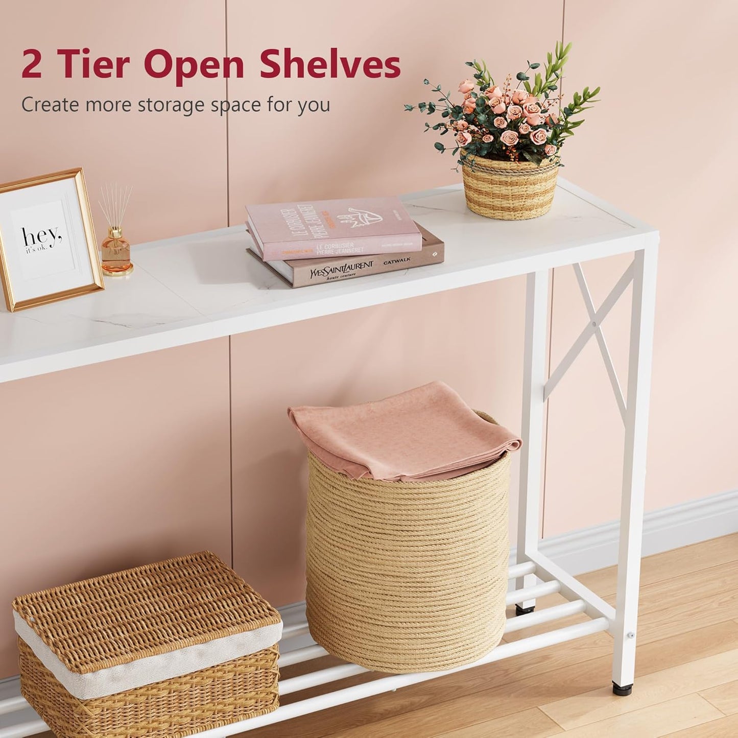 Tajsoon Console Table 41.8”, 2-Tier Entryway Table Narrow Sofa Table with Shelves, Entrance Table with Stable X-Frame, for Entryway, Hallway, Living Room, Foyer, Corridor, Office, White