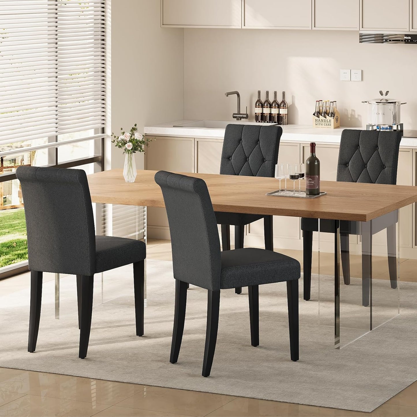 Upholstered Dining Chairs Set of 2, Button Tufted Parsons Dining Chair with Solid Wood Legs, Modern Fabric Side Chair for Dining Room/Kitchen/Restaurant/Hotel- Black