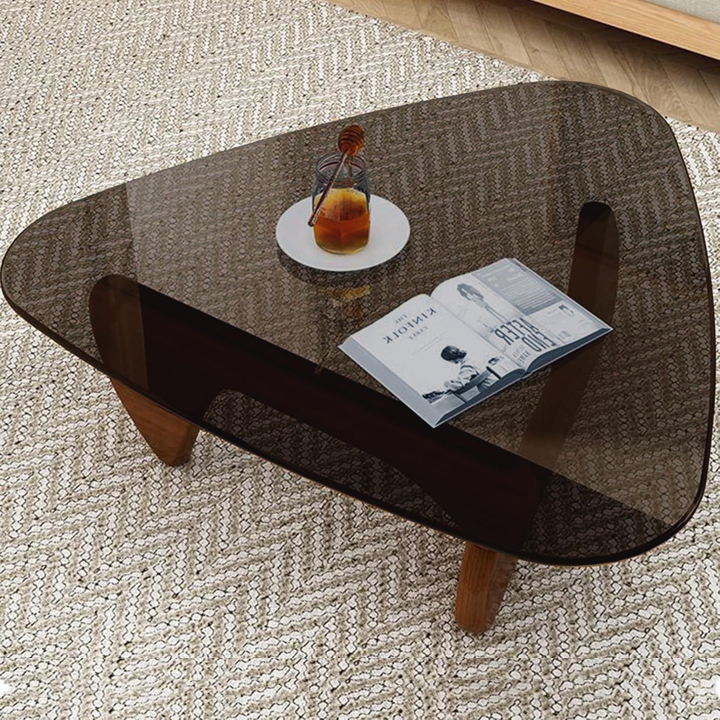 Modern Glass Coffee Table for Living Room, Mid Century Coffee Table, Stylish Coffee Tables, Suitable for Bedroom Living Room Reception Office Tables(Walnut/Grey,Large)