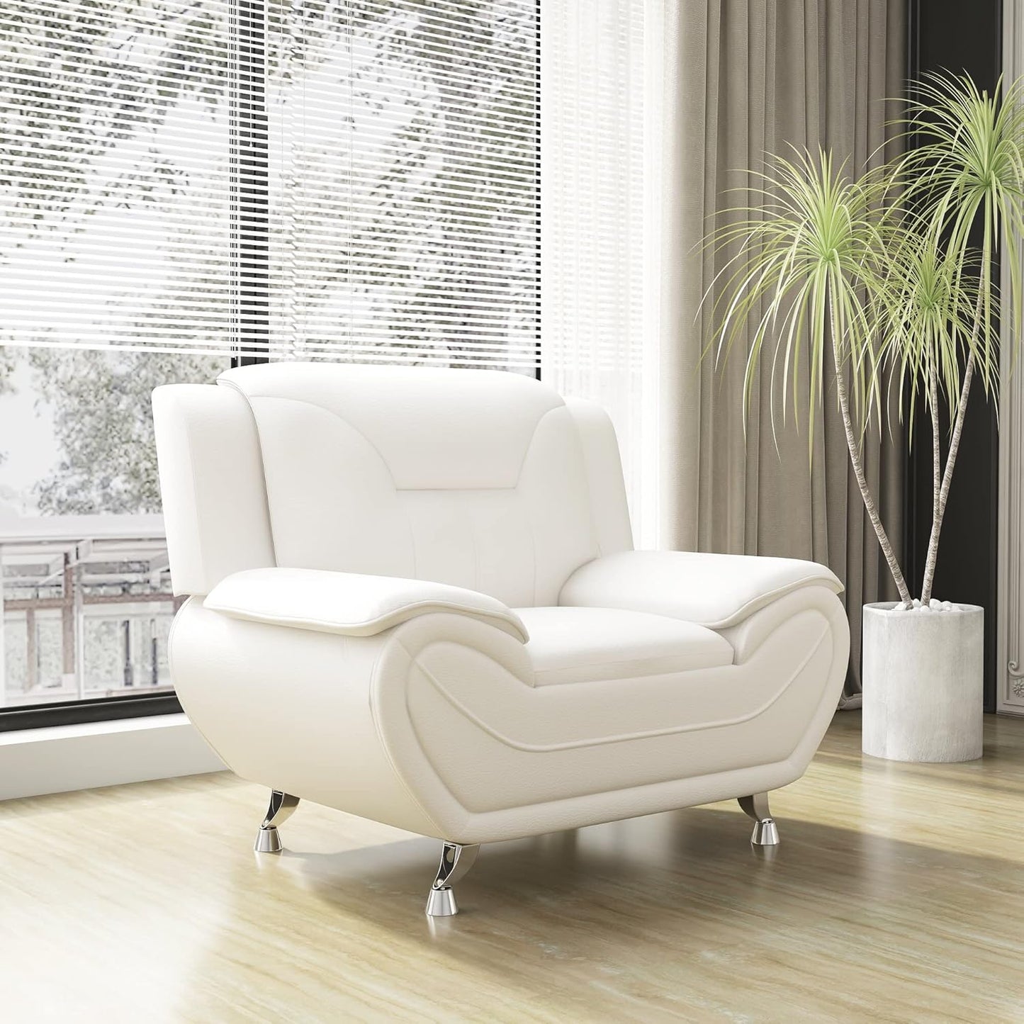 Container Furniture Direct Michael Modern Faux Leather Upholstered Stainless Steel Legs Living Room, Chair, Milky White
