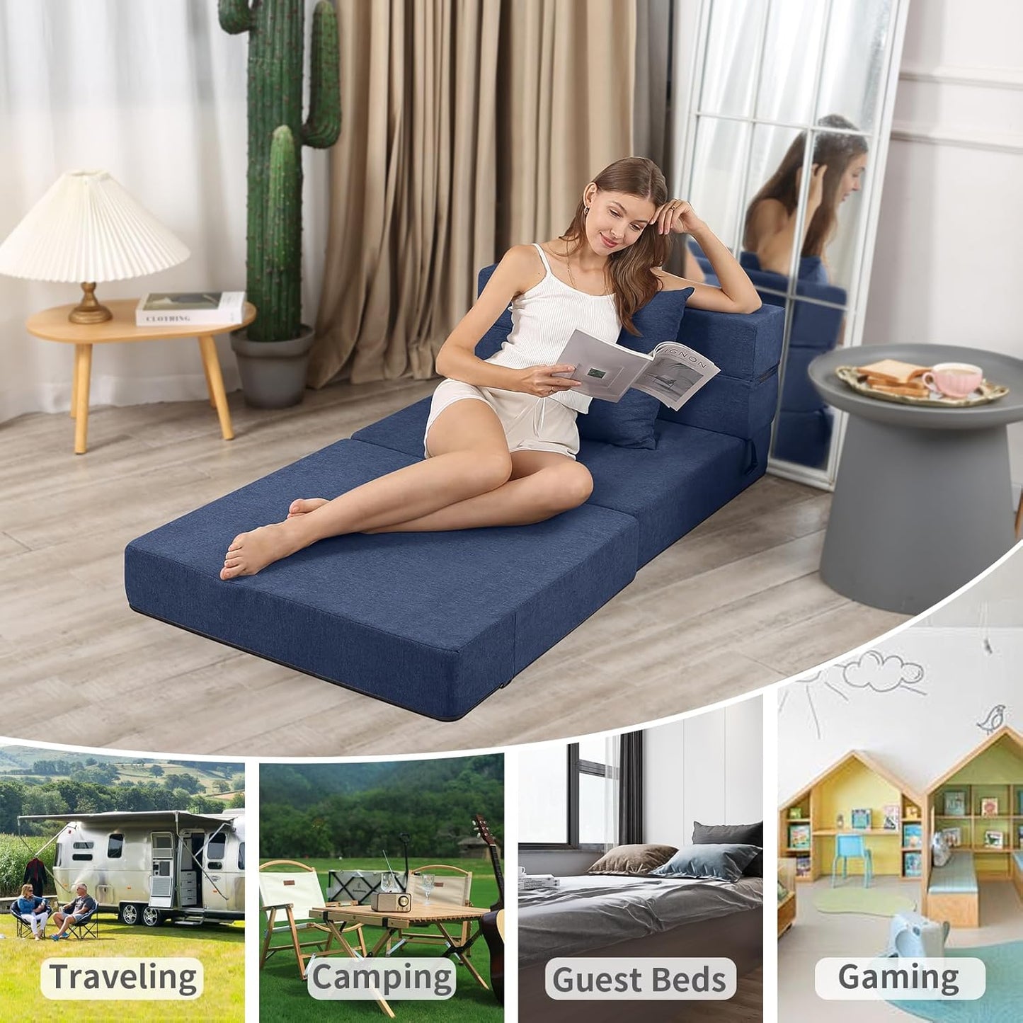 Folding Sofa Bed, High-Density Memory Foam Sofa with a Fluffy Pillow, Floor Couch Guest Bed, Single Size, Navy