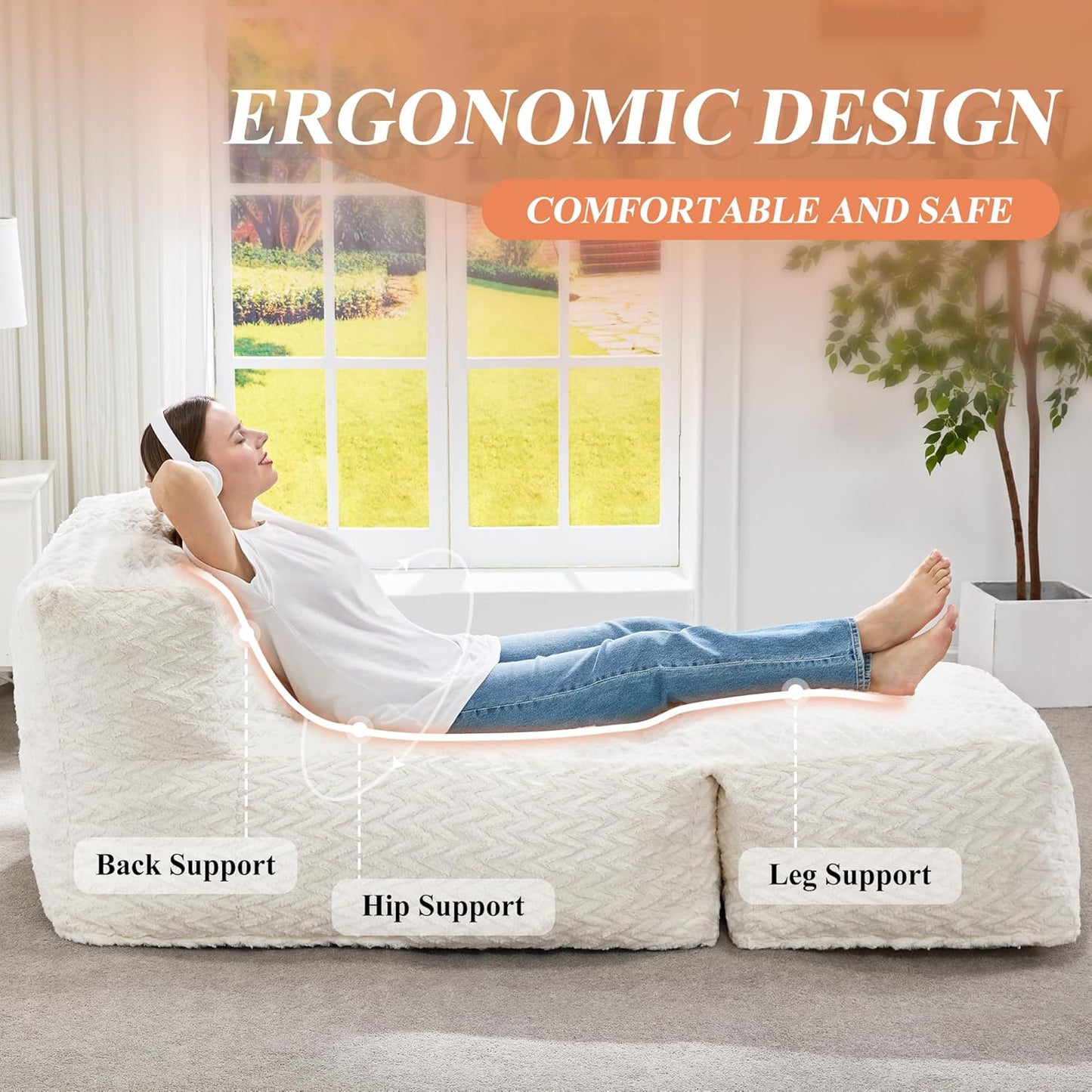 Hobestluk Bean Bag Chair Big Bean Bag Lounger for Adults Bean Bag Couch with Memory Foam Filled for Living Room, Bedroom or Balcony (Chevron Plush White)