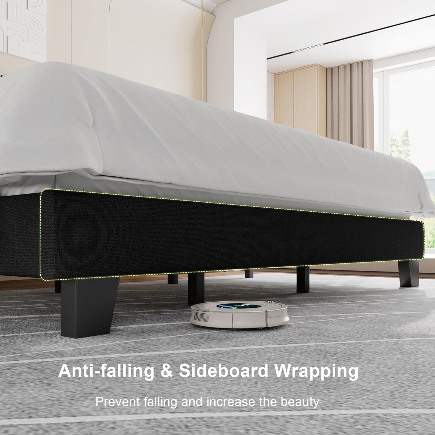 Feonase King Size Platform Bed Frame, Upholstered Bed with Button Tufted Headboard, Heavy Duty Wooden Slats & Thickened Feet, No Box Spring Needed, Noise-Free, Easy Assembly, Black