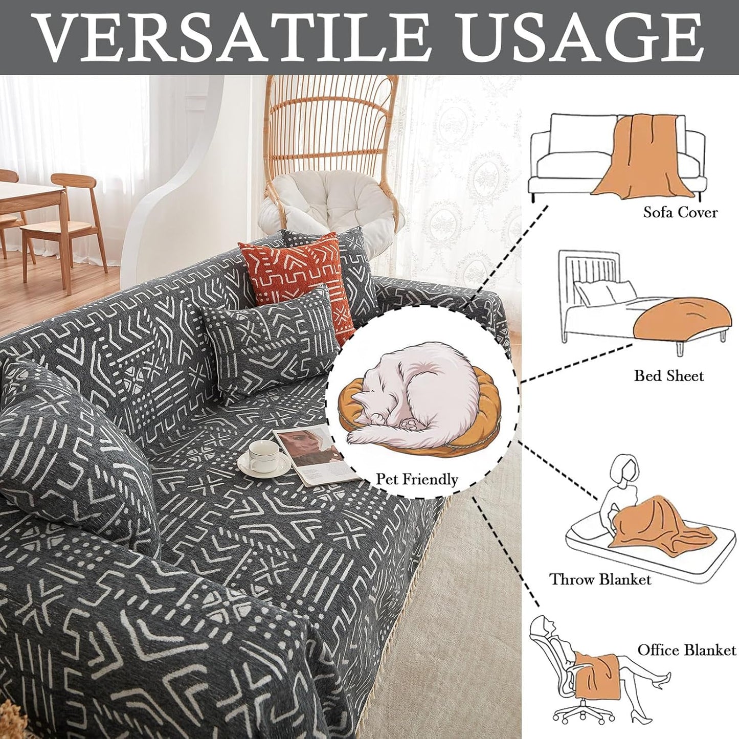 HANDONTIME Sofa Covers Boho Couch Cover for 3 Cushion Couch Sofa Geometric Couch Cover for Living Room Pet Sofa Slipcovers Couch Protector for Dogs Aesthetic Cushion Cover, Black/White