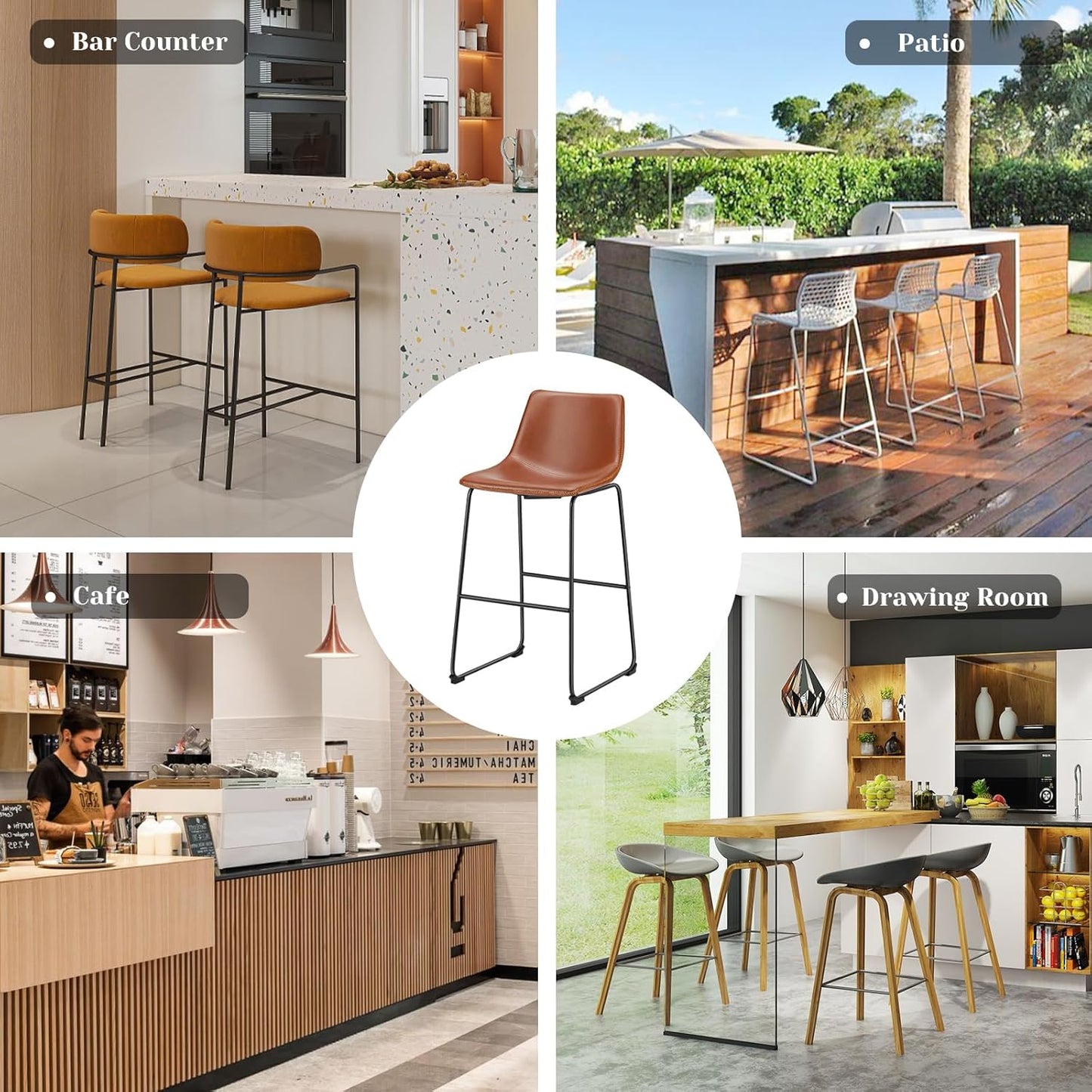 DUMOS 30 Inch Counter Height Bar Stools Set of 2, Modern Faux Leather High Barstools with Back and Metal Leg, Bar Chairs for Kitchen lsland, Elegant Brown