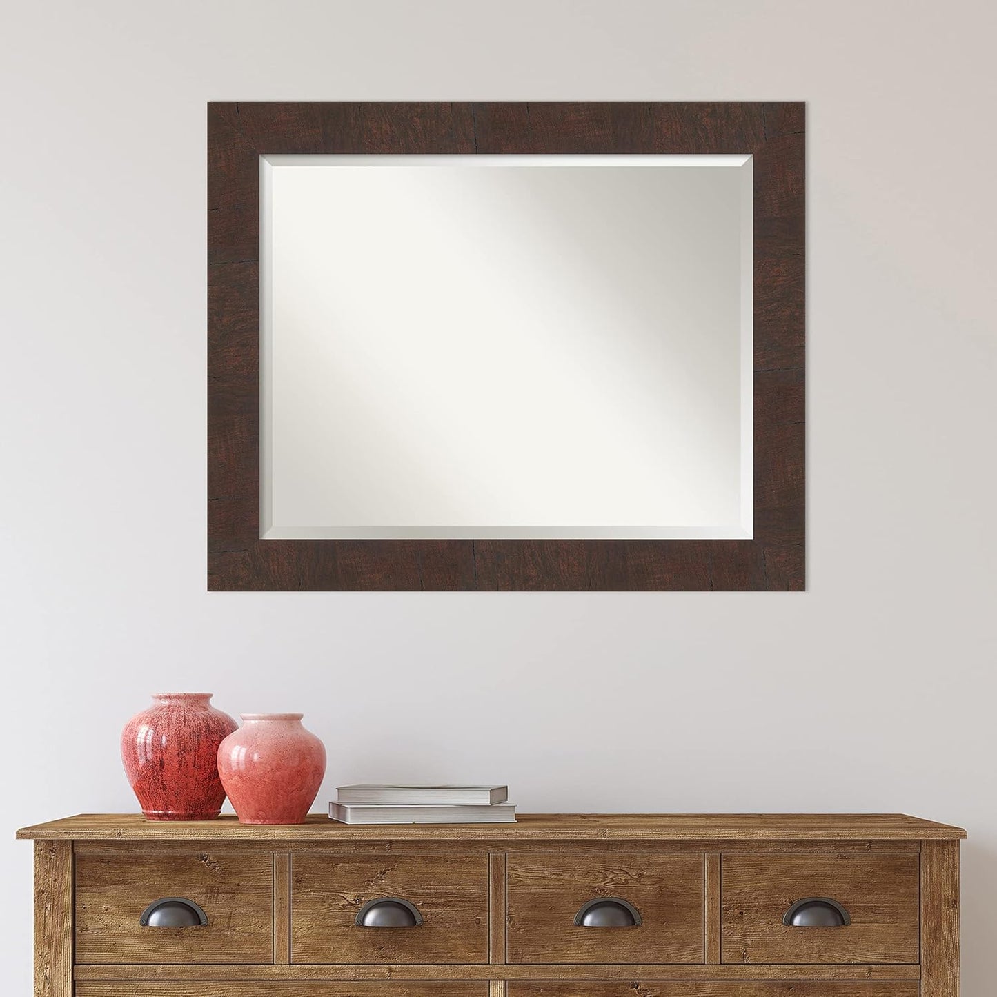 Amanti Art Brown Bathroom Mirror for Over Sink, 27x33 Wildwood Brown Rectangle Vanity Mirror, Large Rustic Farmhouse Frame, Hangs Horizonally and Vertically, Bathroom Wall Decor, Beveled Edge