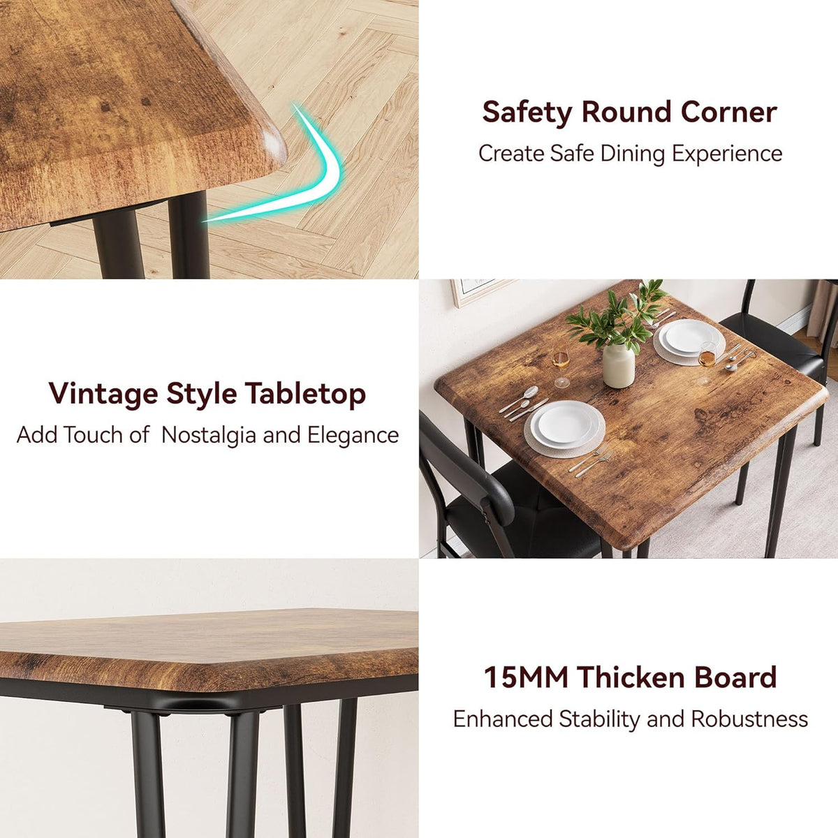 IDEALHOUSE Dining Table Set for 4, Kitchen Table with Upholstered Chairs for Kitchen Room and Small Spaces (Retro, Table with 2 Upholstered Chairs)