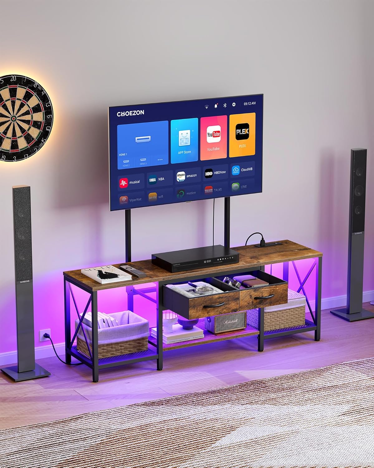 TV Stand with Mount, Power Outlet and LED Light, Entertainment Center, Adjustable TV Stand, for 32-70 inch TVs, 2-Tier Storage, for Living Room, Bedroom, Rustic Brown and Black TDS12UDBF