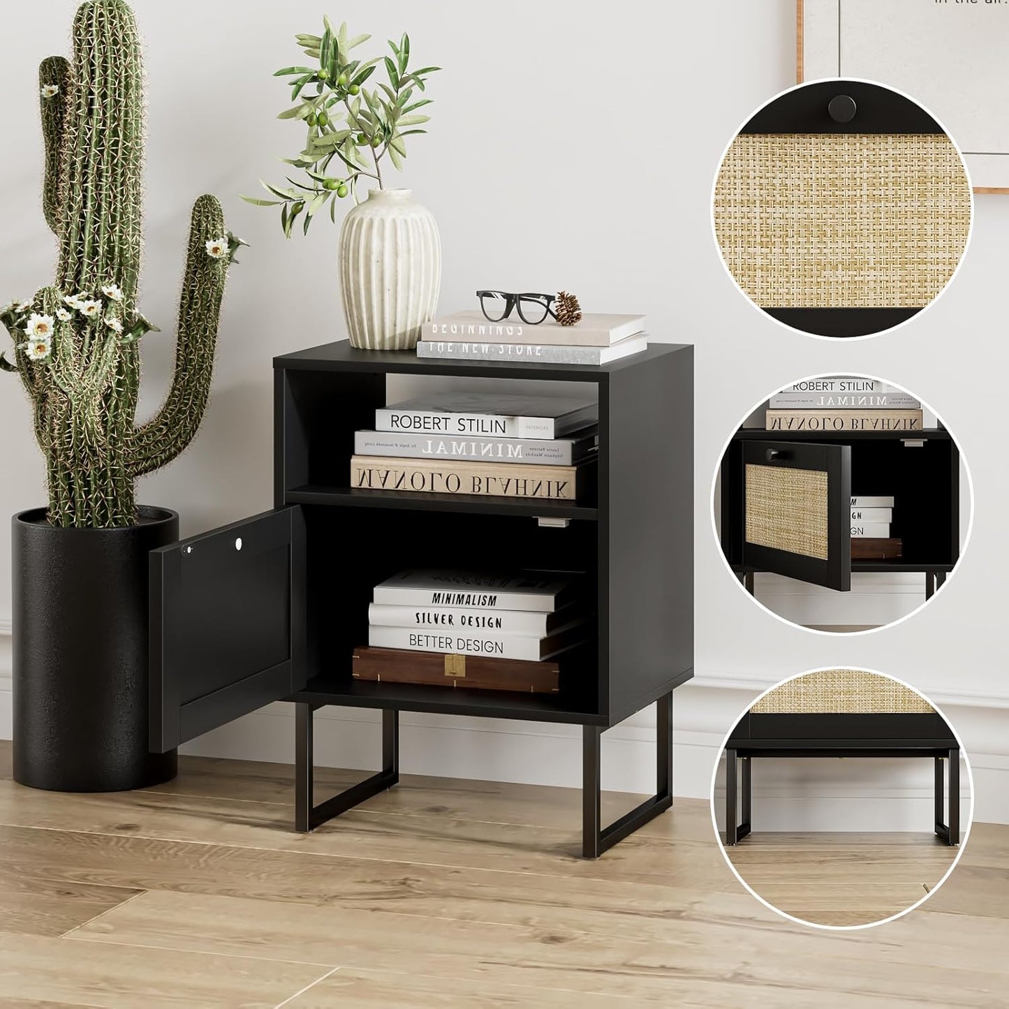 Masupu Rattan Nightstand,Boho Night Stand Modern Farmhouse Wood Bedside Table with Storage Drawer and Open Shelf,Side End Table for Bedroom,Living Room,Office Black