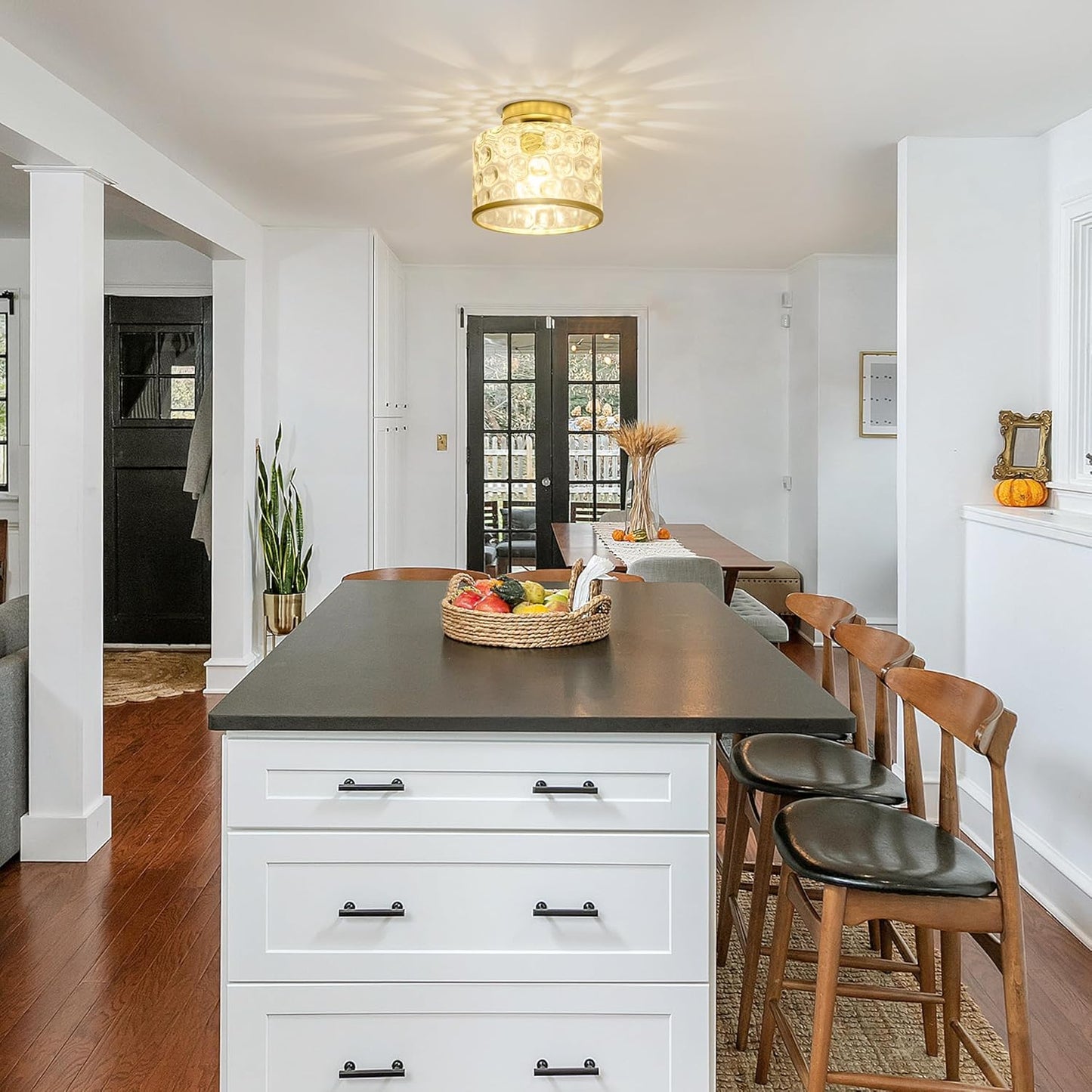 Gold Flush Mount Ceiling Light with Clear Hammered Glass lampshade, Farmhouse Ceiling Lights Fixture in Satin Brass for Kitchen Bathroom, Bulb not Included