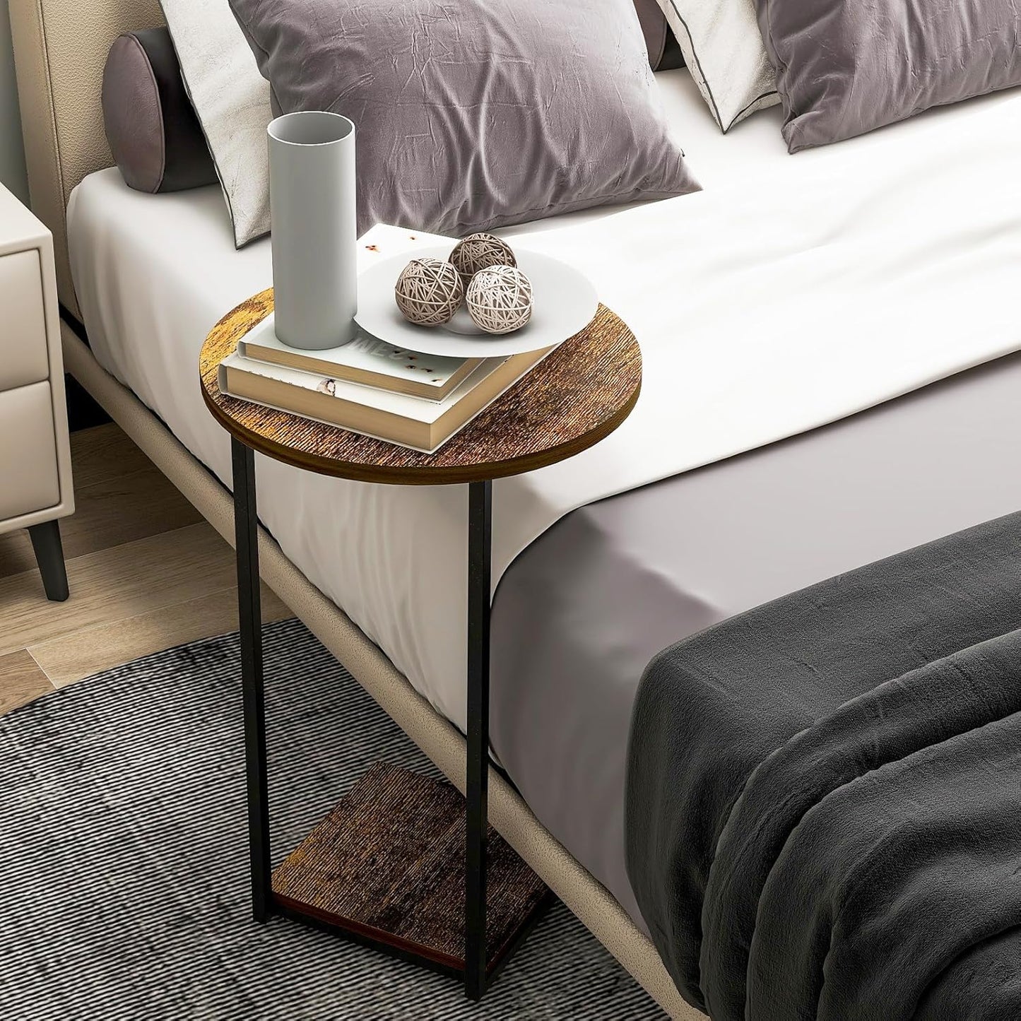 HDANI C Table End Table,Round Side Table That Slide Under,C Shaped End Table for Couch,Small Table for Living Room, Bedroom,Rustic Brown