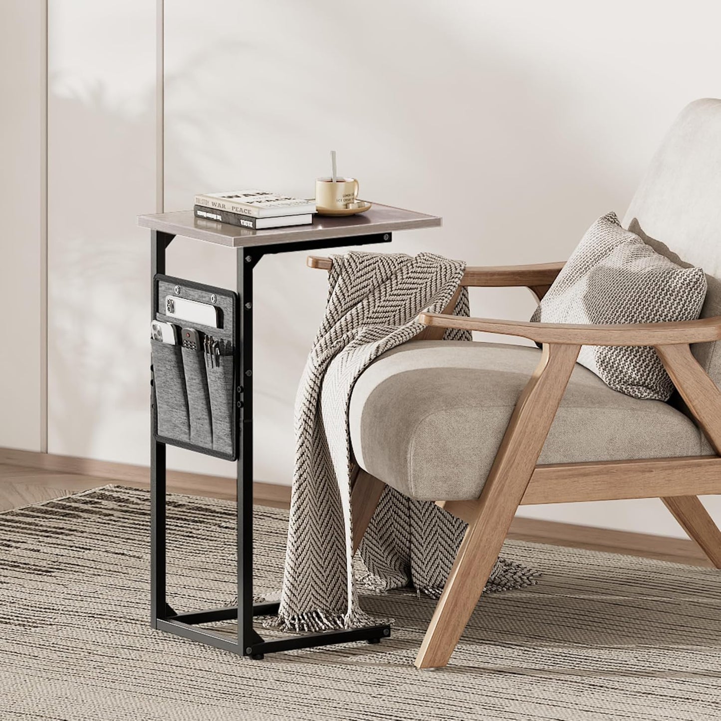 Vagusicc C Shaped End Table, Small Side Table for Couch, Couch Side Table C Table for Small Space, TV Tray Slide Under Sofa Snack Table with Metal Frame for Living Room, Bedroom, Bedside, Grey