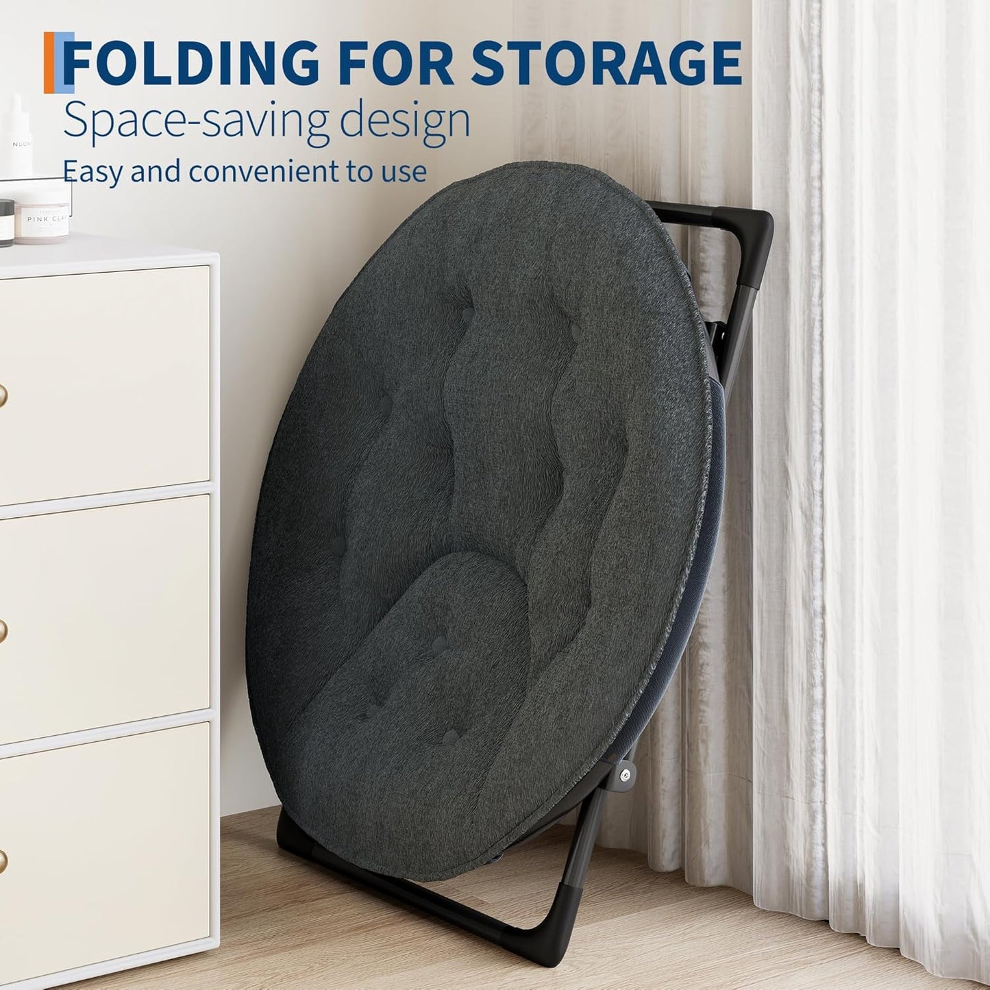 Saucer Chair with Faux Fur Cover - Foldable Moon Chair for Teens & Adults, Large Circle Seat Perfect for Bedroom, Living Room & Playroom, Soft Gaming Chair for Compact Spaces, Gray