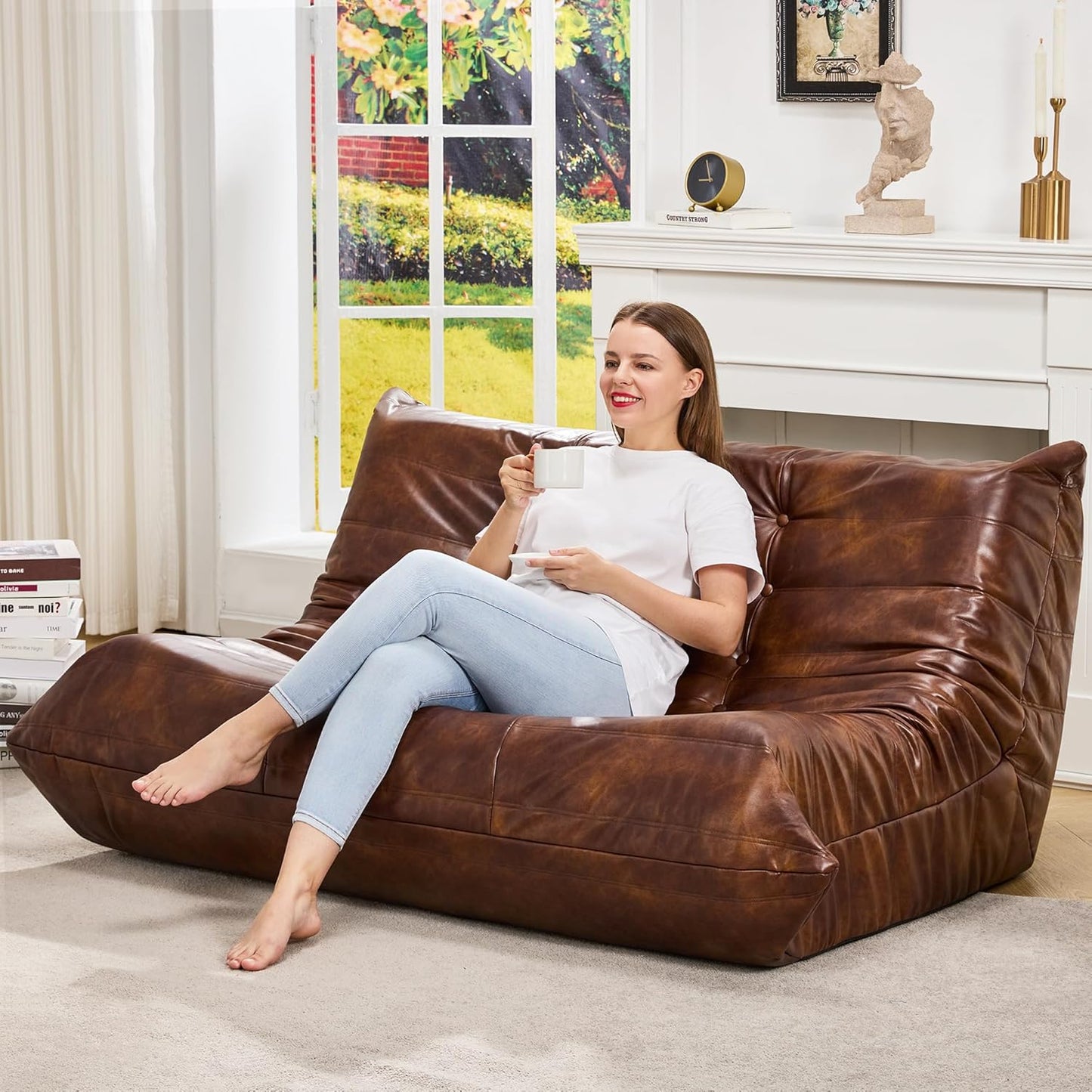 Hobestluk Bean Bag Chair Giant Bean Bag Sofa 2 Seater Bean Bag Chairs for Adults, Loveseat Floor Chair, Leather Bean Bag Chairs for Living Room Bedroom Dorm (Brown, Loveseat)
