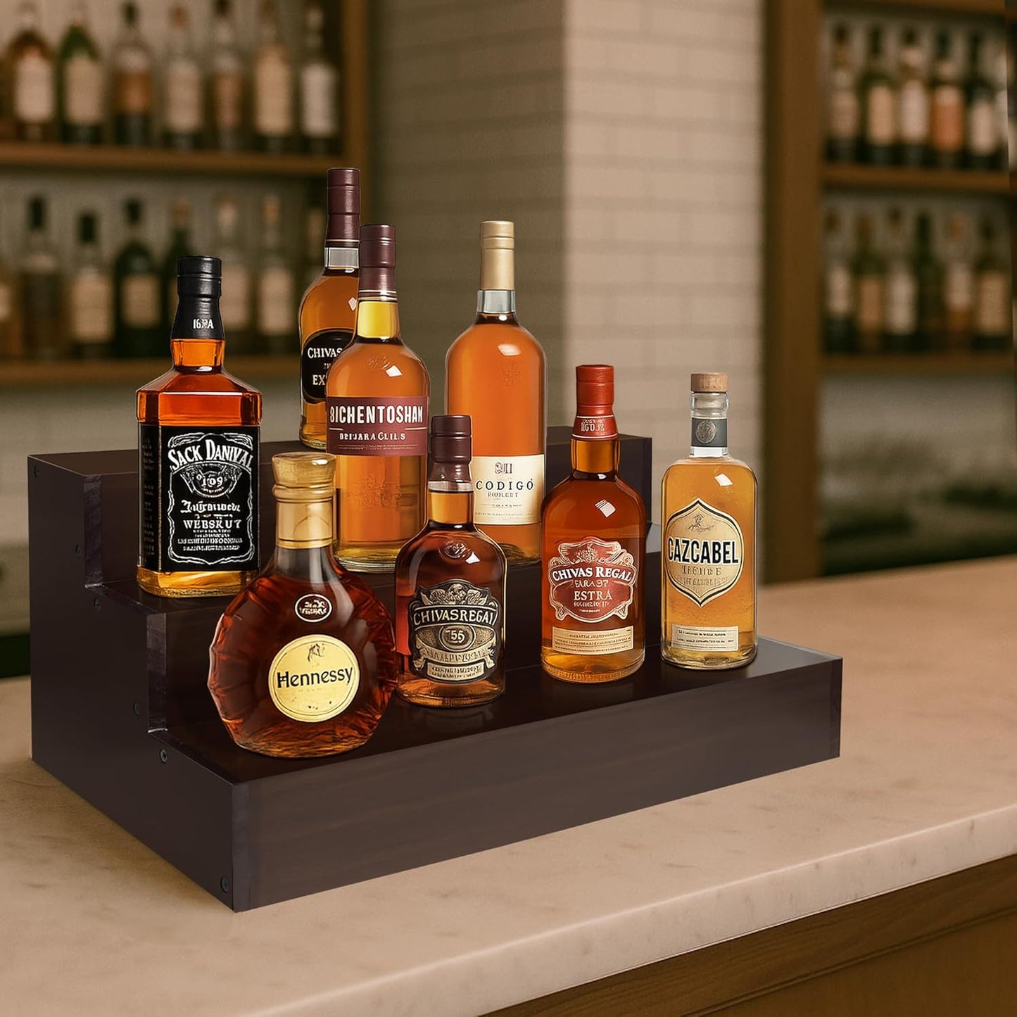 Royxen Wood Liquor Bottle Shelf 3 Tier Bar Shelf Freestanding Vintage Liquor Bar Stand for Home Bar Decor (Brown, 16 Inch Wide)