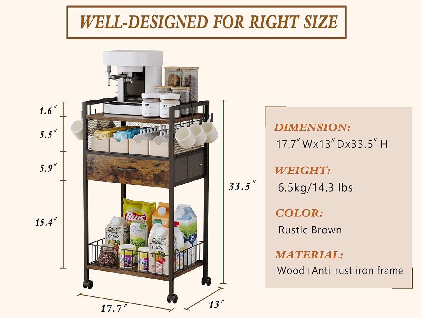 Small Coffee Bar Cart with Drawer Srorage, Coffee Bar Station Organizer Mug Cup Holder Stand, 3-Tier Coffee Table for Home Buffets & Sideboards, Office Coffee Station for Kichen, Entryway, Living Room