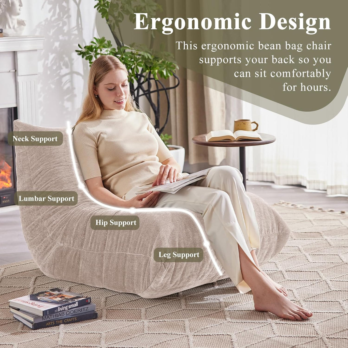 Bean Bag Chair, Fireside Chair Big Bean Bag Sofa for Adults/Teens, Memory Foam Bean Bag Gaming Chairs with Comfy Design & Premium Fabric, Lazy Floor Sofa for Living Room, Bedroom, Beige