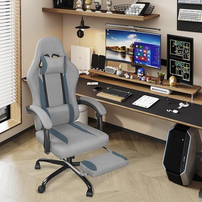 Breathable Fabric Gaming Chair with Footrest, Height Adjustable Game Chair, Video Gaming Chair for Gaming Room, Living Room and Office - Light Grey/Blue