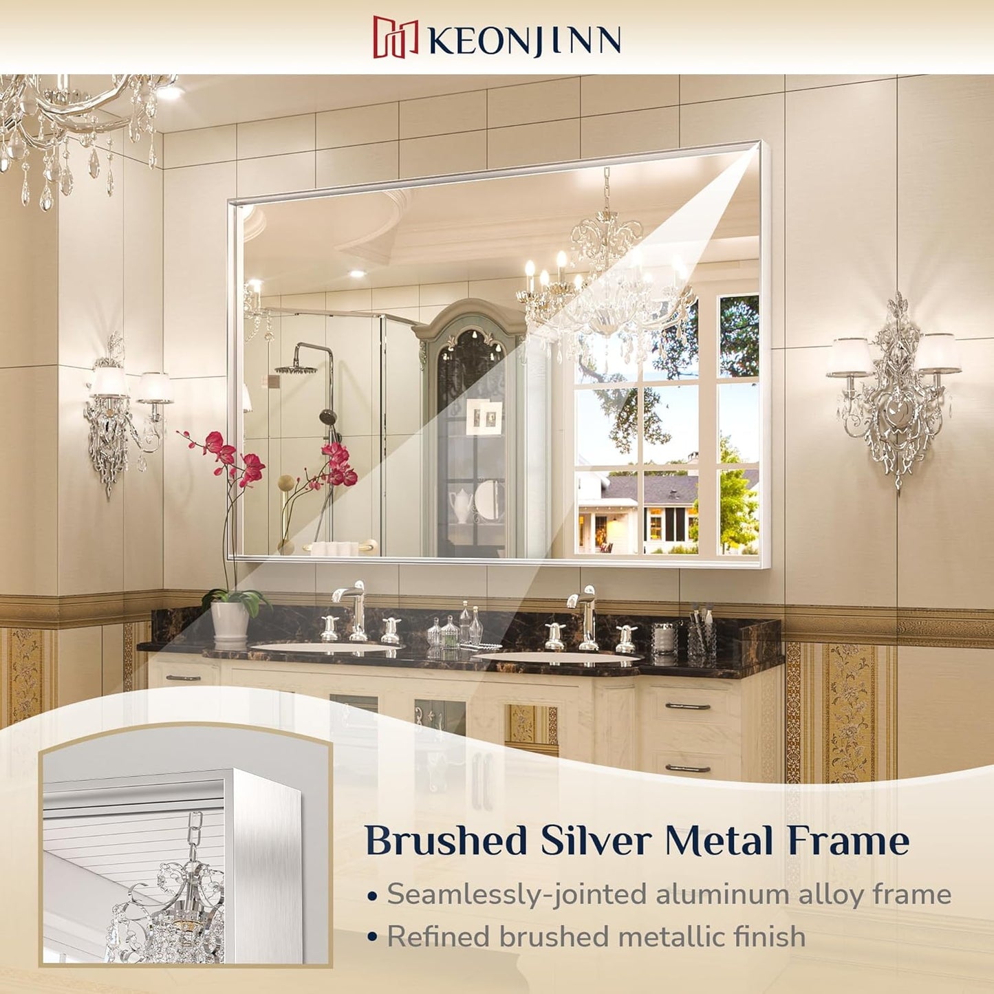 Keonjinn Silver Bathroom Mirror 60” x 40” Large Wall Rectangle Mirror for Bathroom Square Corner Metal Framed Farmhouse Mirror Decorative Rectangular Vanity Mirror for Over Sink(Horizontal/Vertical)