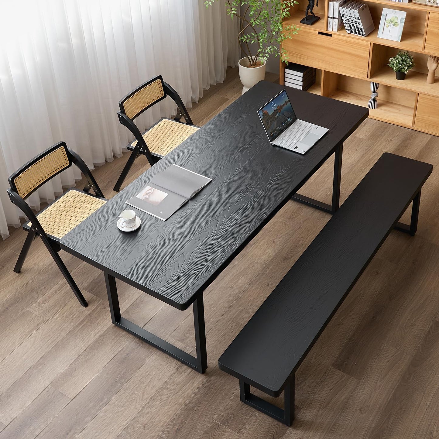 Modern Solid Wood Dining Table with Metal Base Stylish Durable Dining Room Table in Black Multiple Sizes Home Use Office Desk(55.12in)