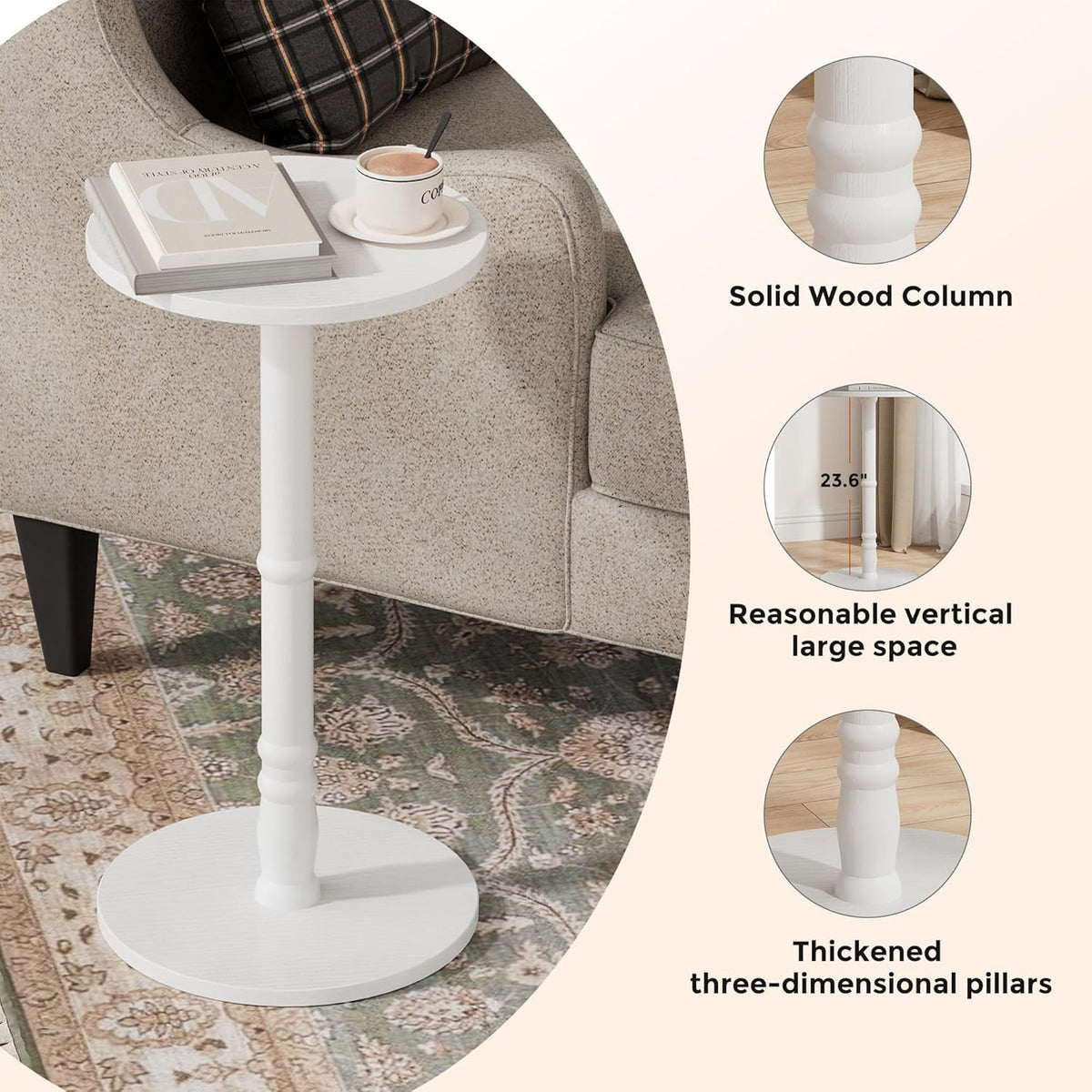 Round Side Table, Solid Wood Pillar with Wood Top & Base, Small Drink Accent Table for Living Room, Bedroom, Sofa & Office, Easy Assembly, White