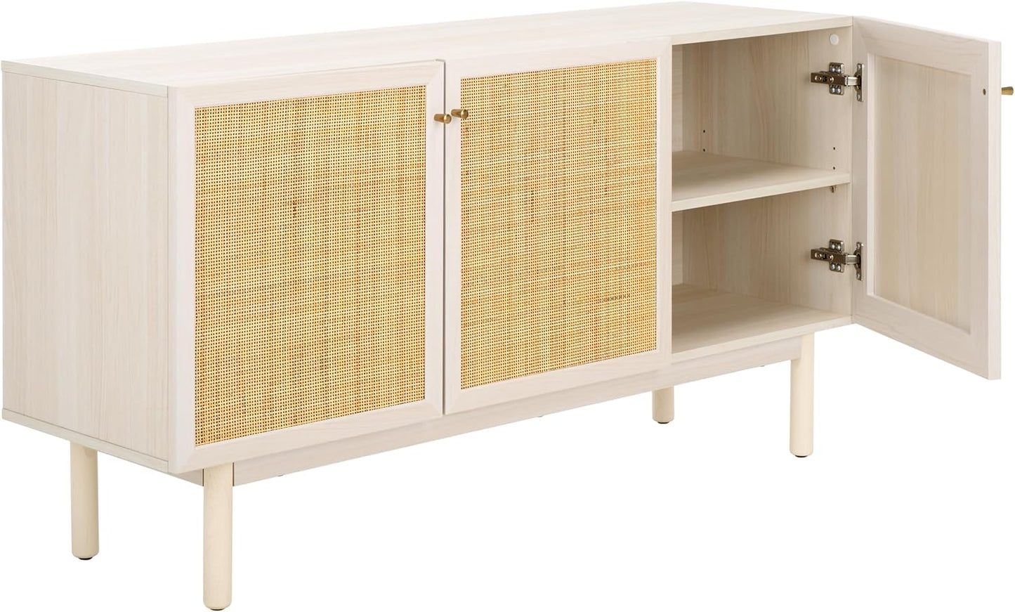 SAFAVIEH Aino TV Stand for up to 60" Flatscreen – Bleached White with Natural Rattan Mesh, 3 Doors with Interior Storage, Sideboard Cabinet, Entertainment Media Console (MED9618C)