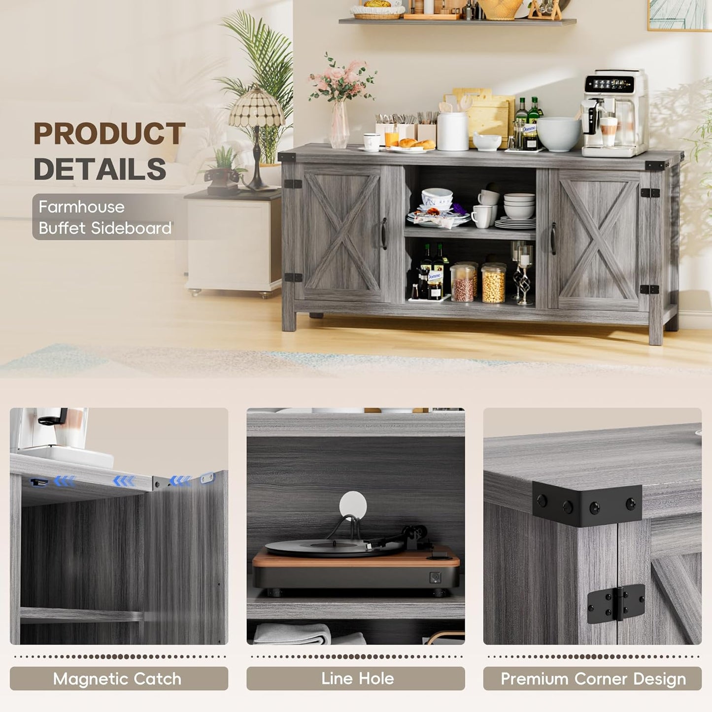 YESHOMY Farmhouse Buffet & Sideboard, 58" Kitchen Storage Cabinet with Adjustable Shelves & Doors, Wood Coffee Bar for Living Room, Entryway, Gray Washed