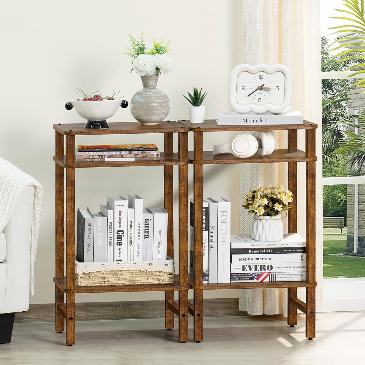 28in Tall Side Table 3-Tier Small Narrow End Table for Couch, Skinny Nightstand for Small Space, Farmhouse Slim Night Stand with Storage, Wooden Frame Thin Bedside Table, for Living Room, Brown