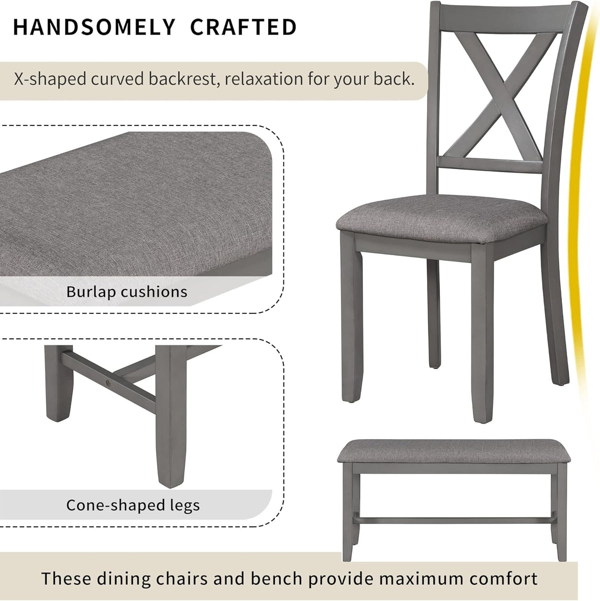 SogesPower 6-Piece Kitchen Dining Table Set for 4-6,Rectangular Dining Table with 4 Fabric Chairs & 1 Bench for Dining Room Living Room,Gray