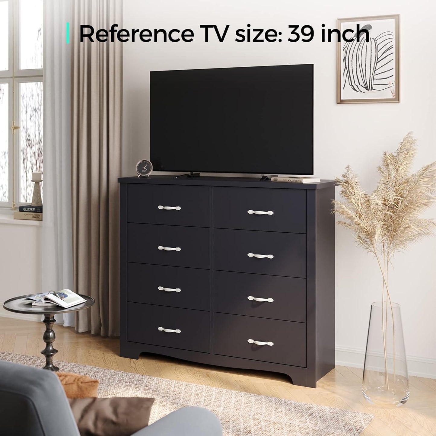 LINSY HOME 8 Drawer Double Dresser, Black Dresser for Bedroom, Modern Dresser Chest with Wide Drawers, Wood Storage Chest of Drawers for Living Room