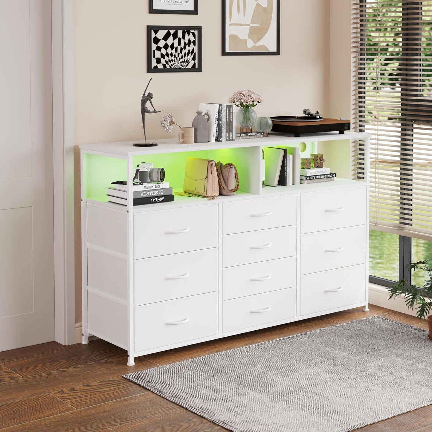 55W 10-Drawers Dresser with 2 Open Storage Shelves, TV Stand Dresser for 55,65 inch TV,with Power Outlets and LED Lights, Fabric Dressers Drawers for Bedroom, Living Room (White)