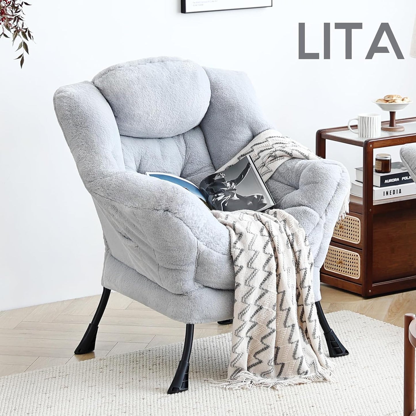 LITA Lazy Chair with Ottoman, Modern Accent Leisure Upholstered Sofa, Contemporary Lounge Reading Chair with Armrests and a Side Pocket for Living Room, Bedroom & Small Space, Single Plush Grey