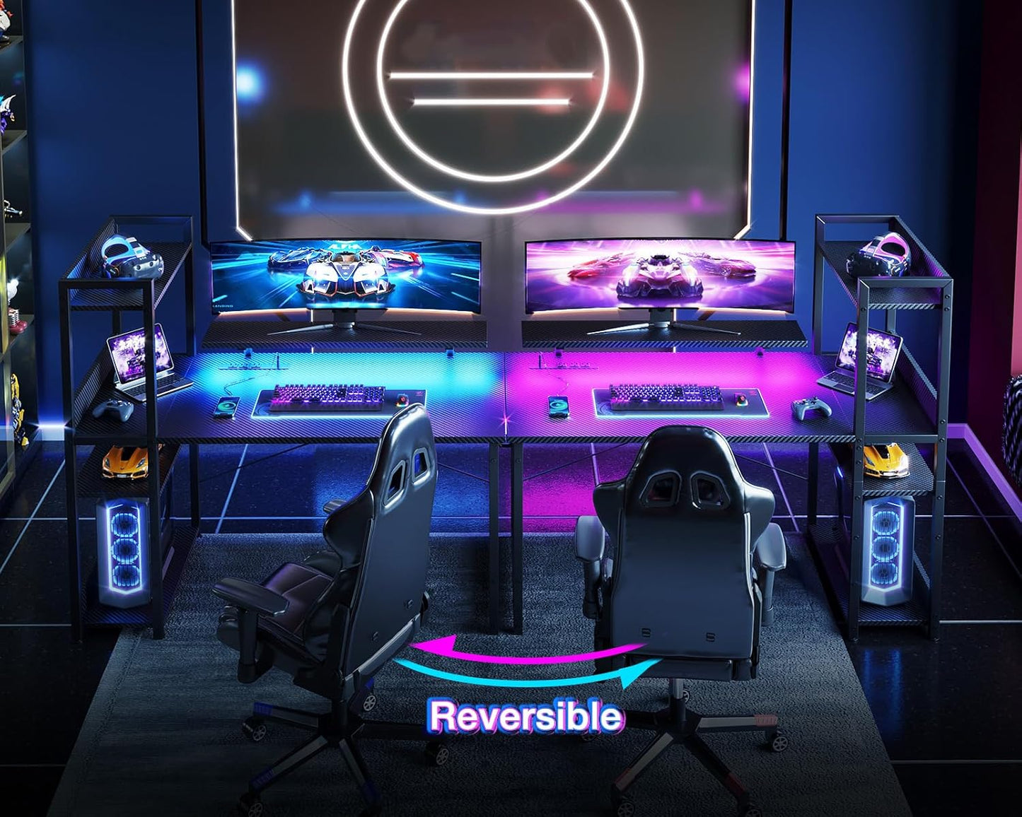 ODK Reversible Gaming Desk with USB Charging Port and LED Lights, 40 Inch Computer Desk with Storage Shelves & Monitor Stand, Study Table for Home Office, Small Space Bedroom, Carbon Fiber Black